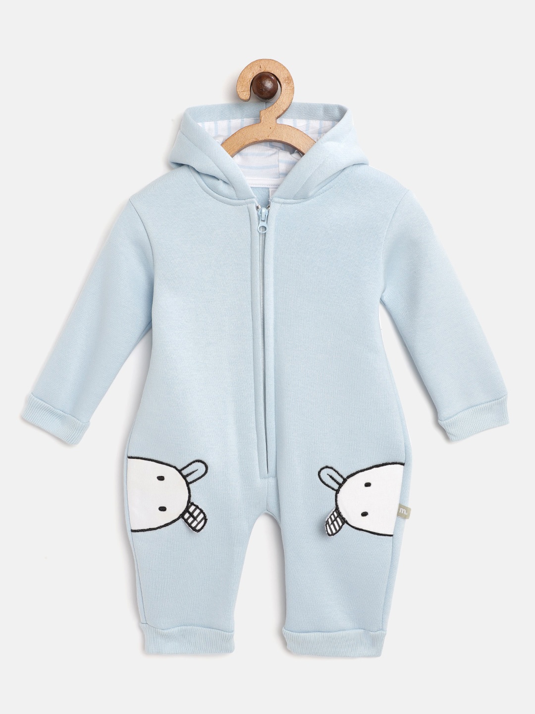 

Moms Love Infant Girls Blue & White Solid Applique Detail Cotton Hooded Rompers