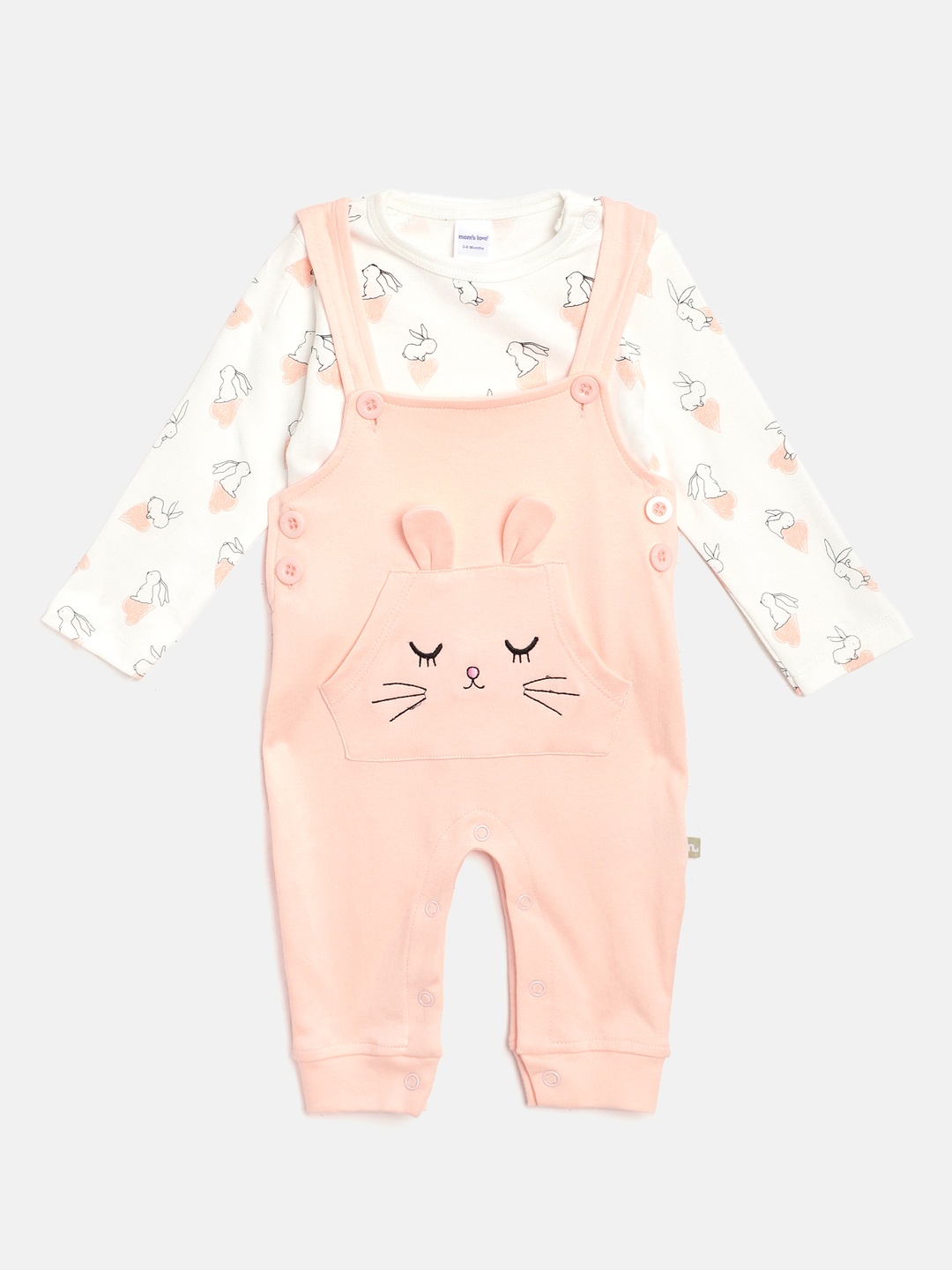 

Moms Love Infant Girls White & Peach-Coloured Cotton Printed T-shirt with Solid Dungarees