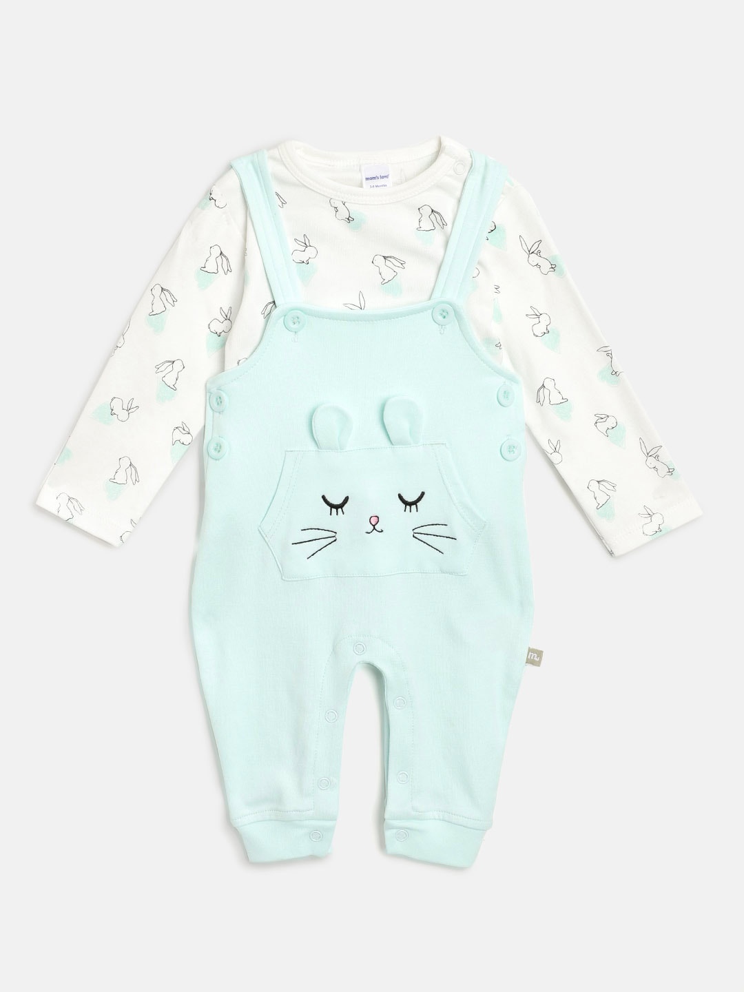 

Moms Love Infant Girls White & Blue Pure Cotton Printed T-shirt with Solid Dungarees