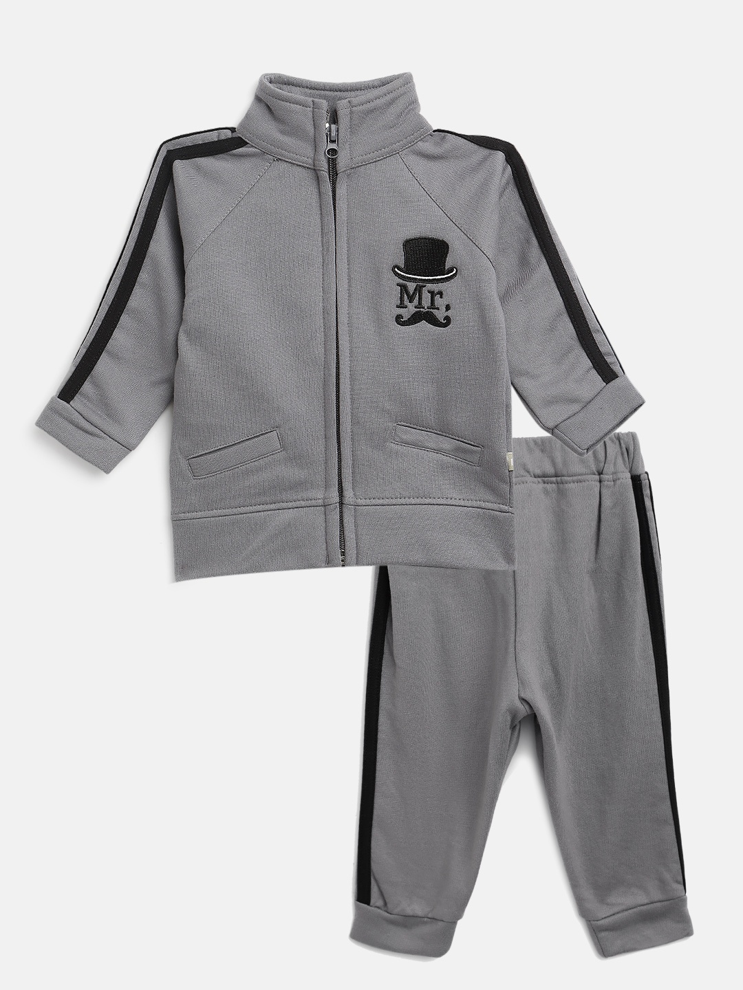 

Moms Love Infant Boys Grey & Black Cotton Solid Track Suit