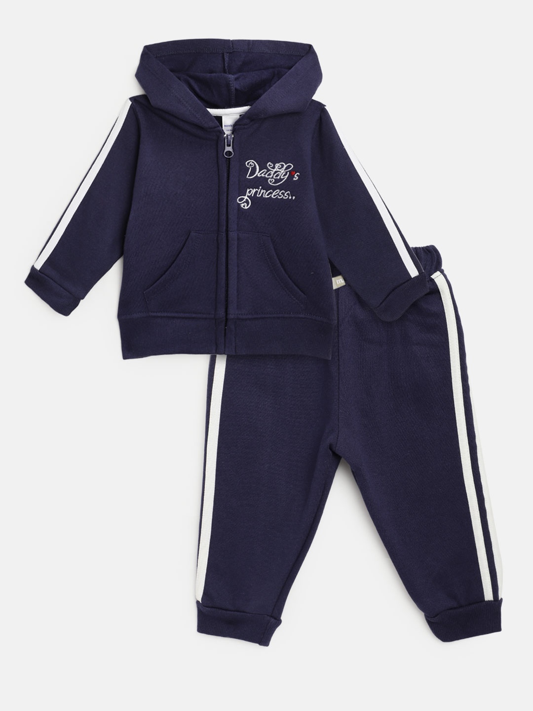 

Moms Love Infant Girls Navy Blue Solid Pure Cotton Tracksuit with Embroidered Detail