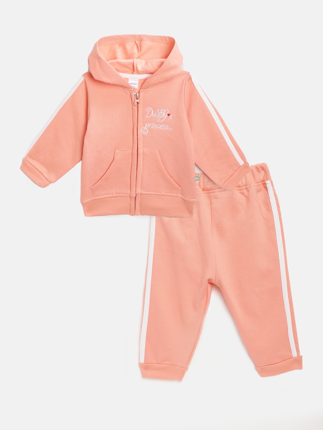 

Moms Love Infant Girls Peach-Coloured Solid Pure Cotton Tracksuit with Embroidered Detail