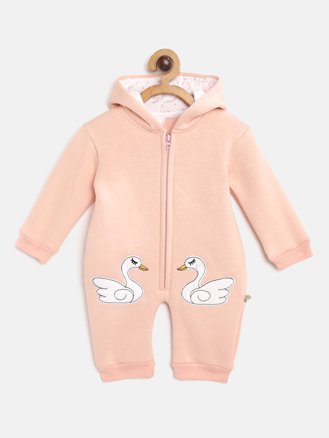 

Moms Love Infant Girls Peach-Coloured Solid Cotton Hooded Rompers