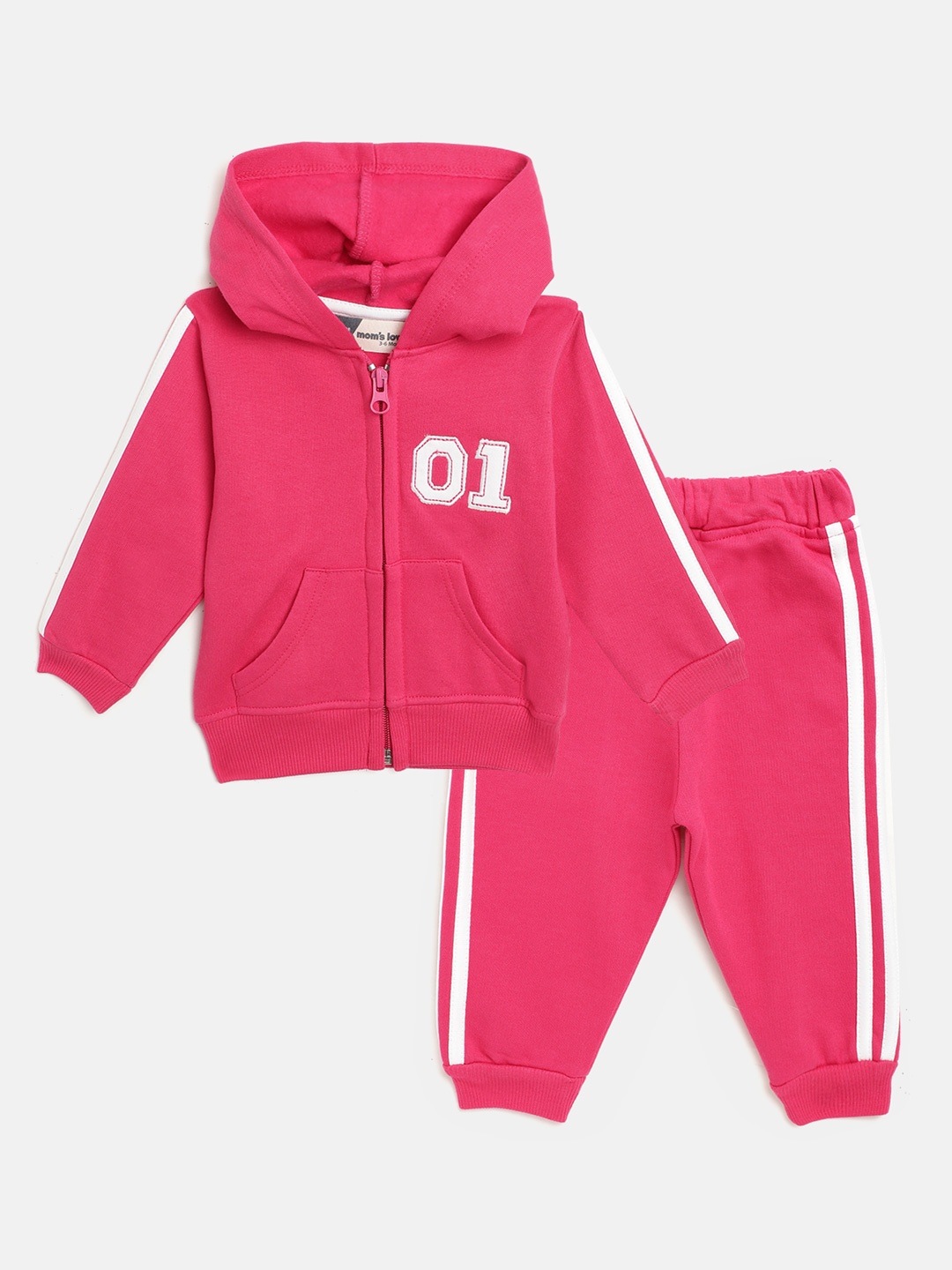 

Moms Love Infant Girls Pink & White Solid Pure Cotton Tracksuit with Applique Detail