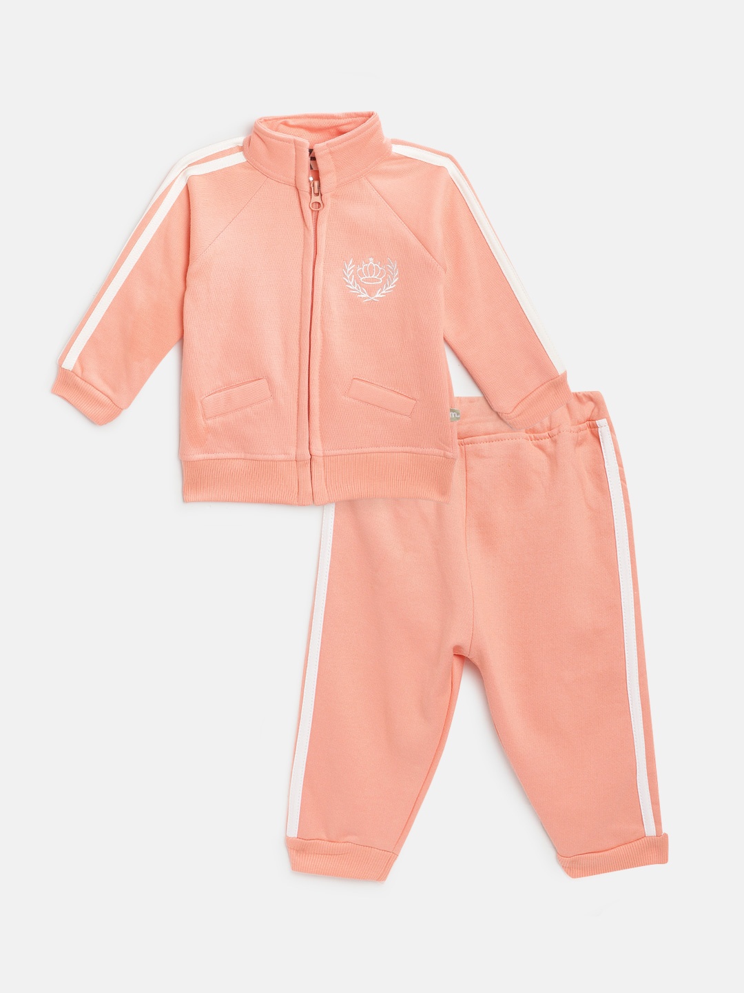 

Moms Love Infant Girls Peach-Coloured Solid Cotton Tracksuit with Embroidered Detail