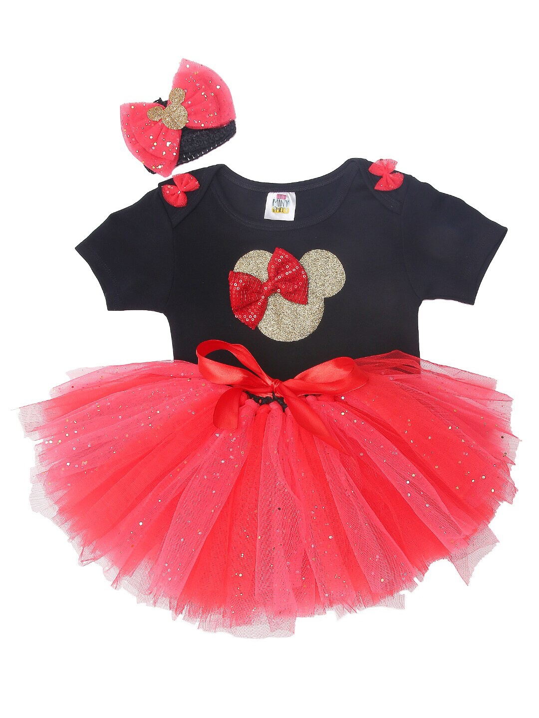 

TINY MINY ME Girls 3-Pcs Red & Black Printed T-shirt with Skirt & Headband