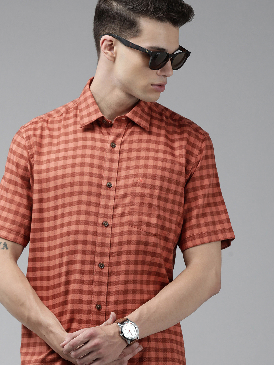 

Arrow Sport Men Orange & Red Checked Pure Cotton Casual Shirt
