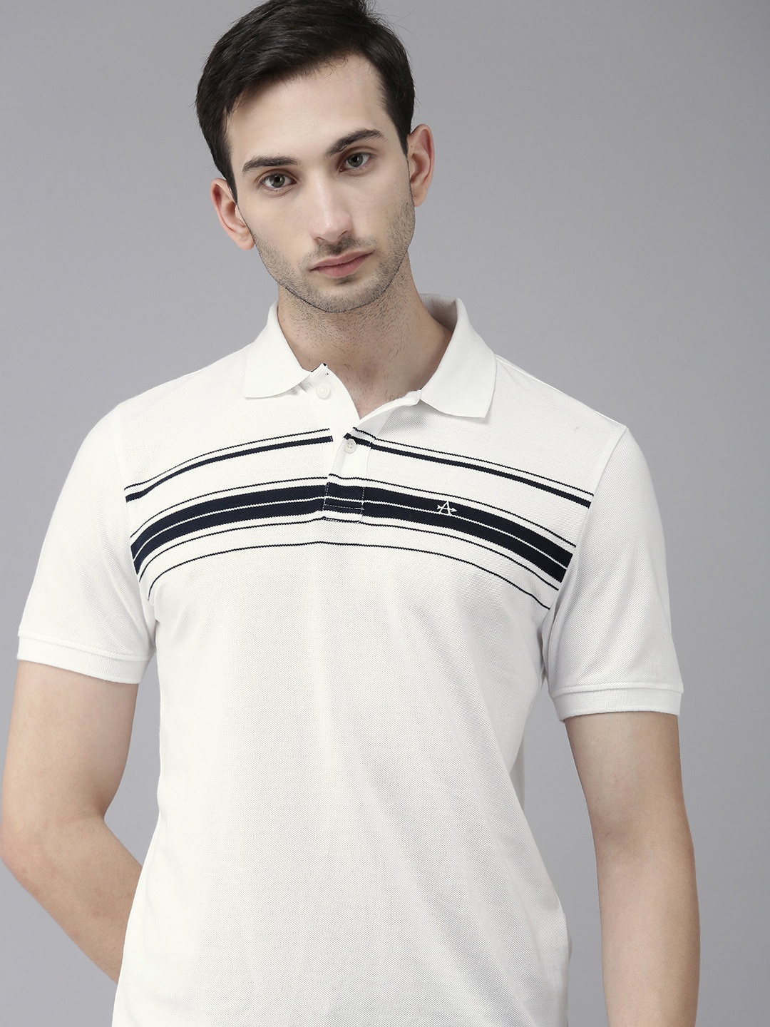 

Arrow Sport Men White & Navy Blue Striped Pure Cotton Polo Collar T-shirt