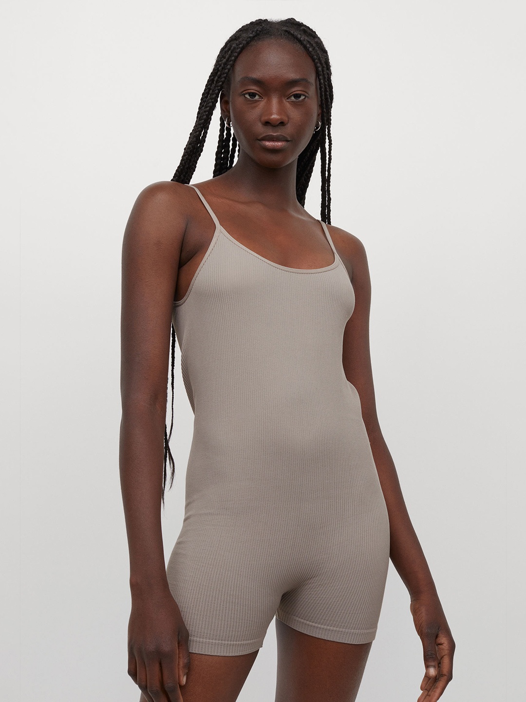 

H&M Women Beige Ribbed Playsuit