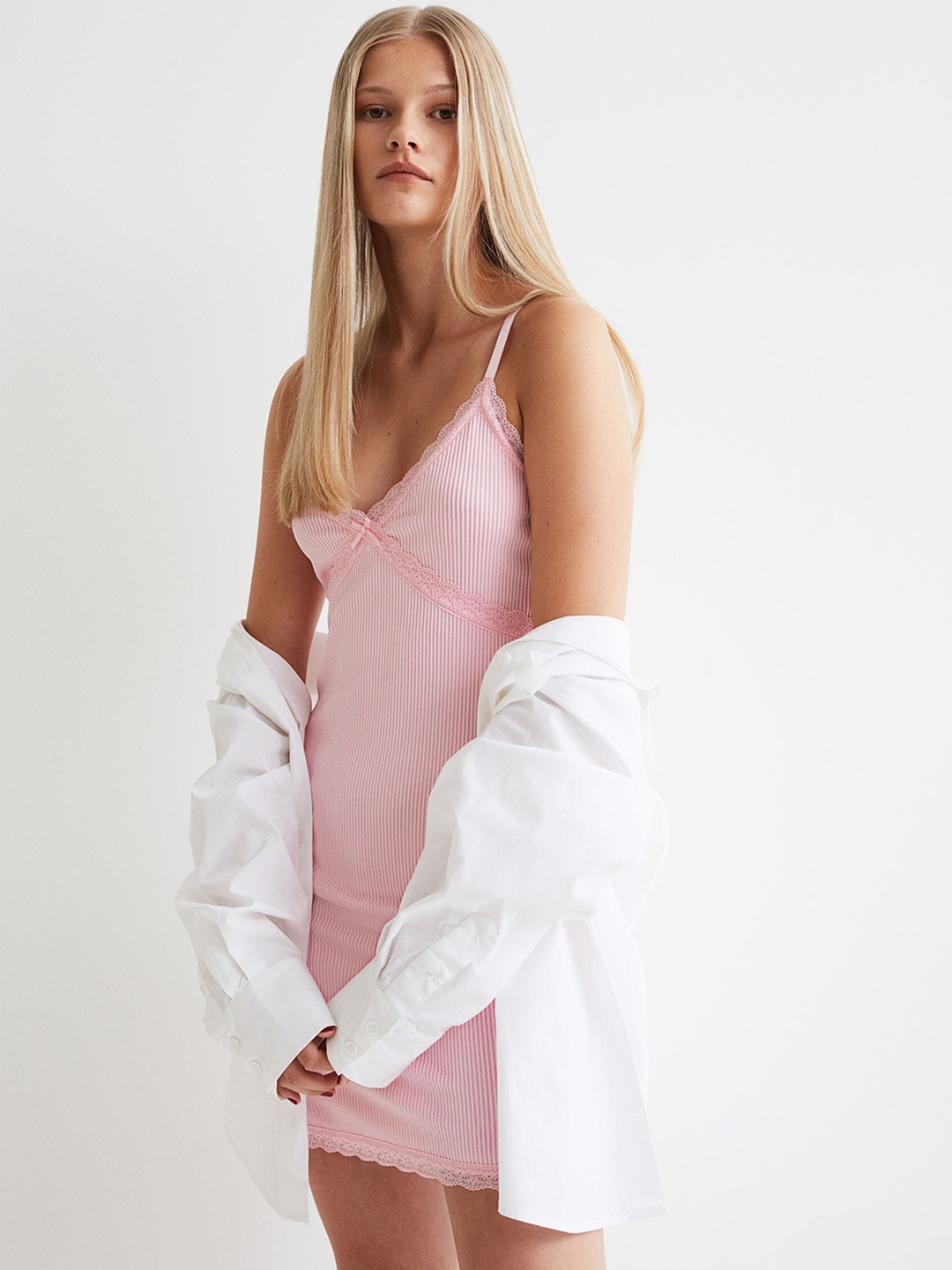 

H&M Women Pink Ribbed Lace-Trimmed Dress