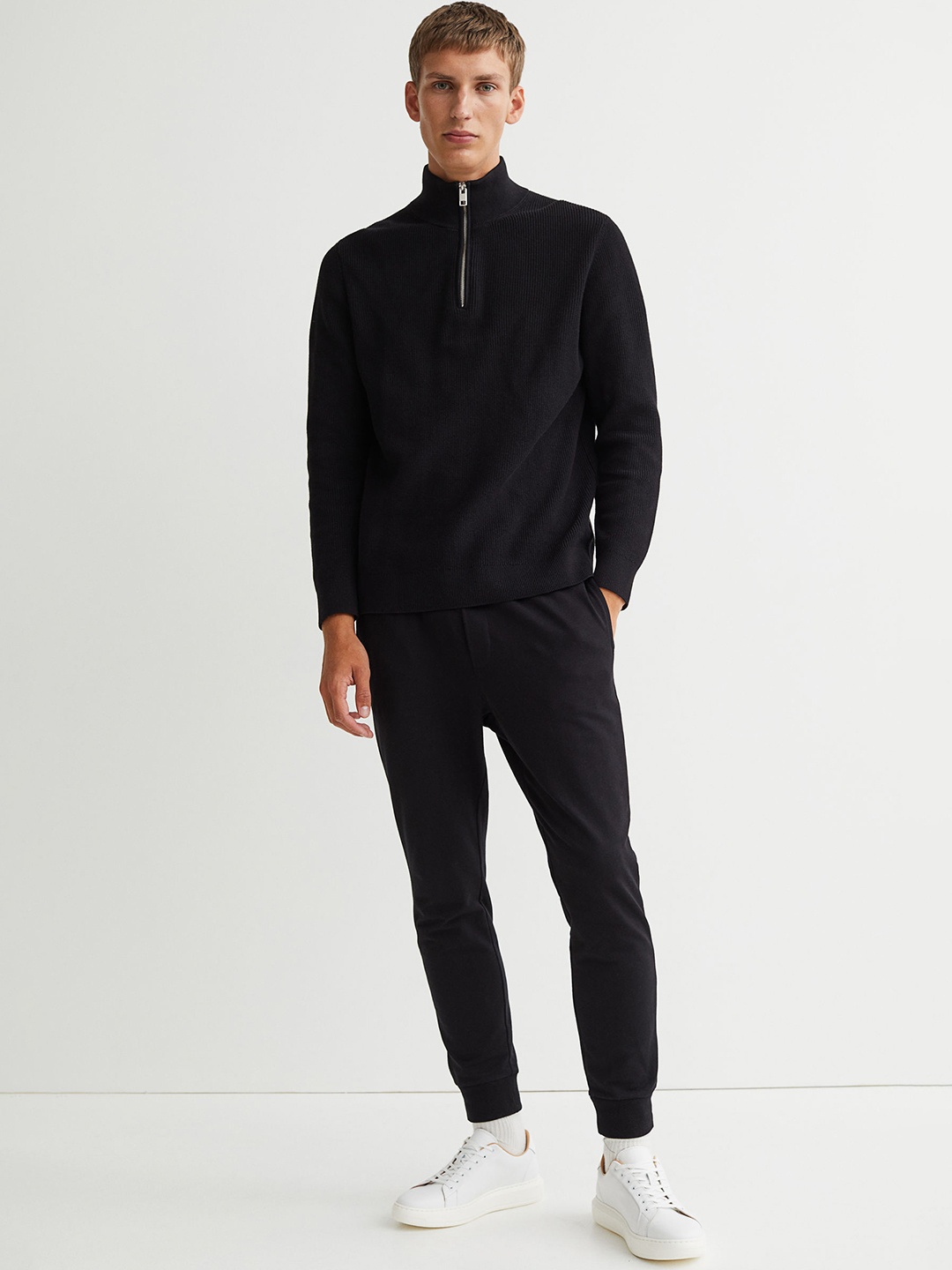 

H&M Men Black Ribbed Pure Cotton Slim Fit Jumper