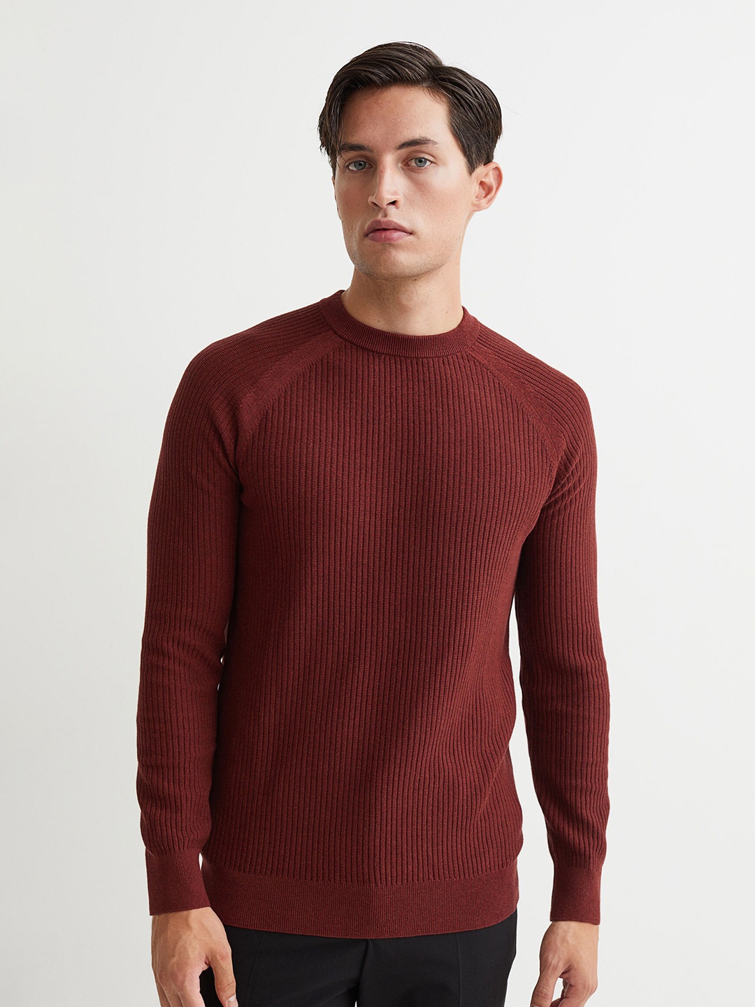 

H&M Men Maroon Solid Knitted Jumper Muscle Fit