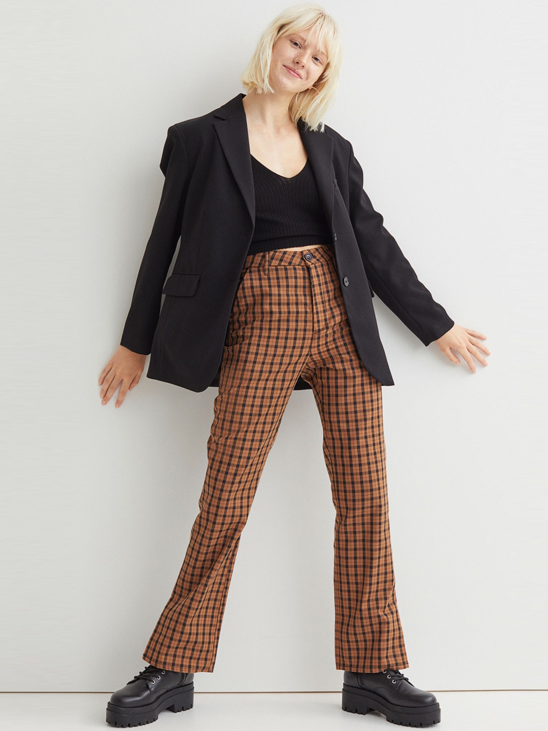 

H&M Women Brown & Black Checked Slit-Detail Flared Trousers