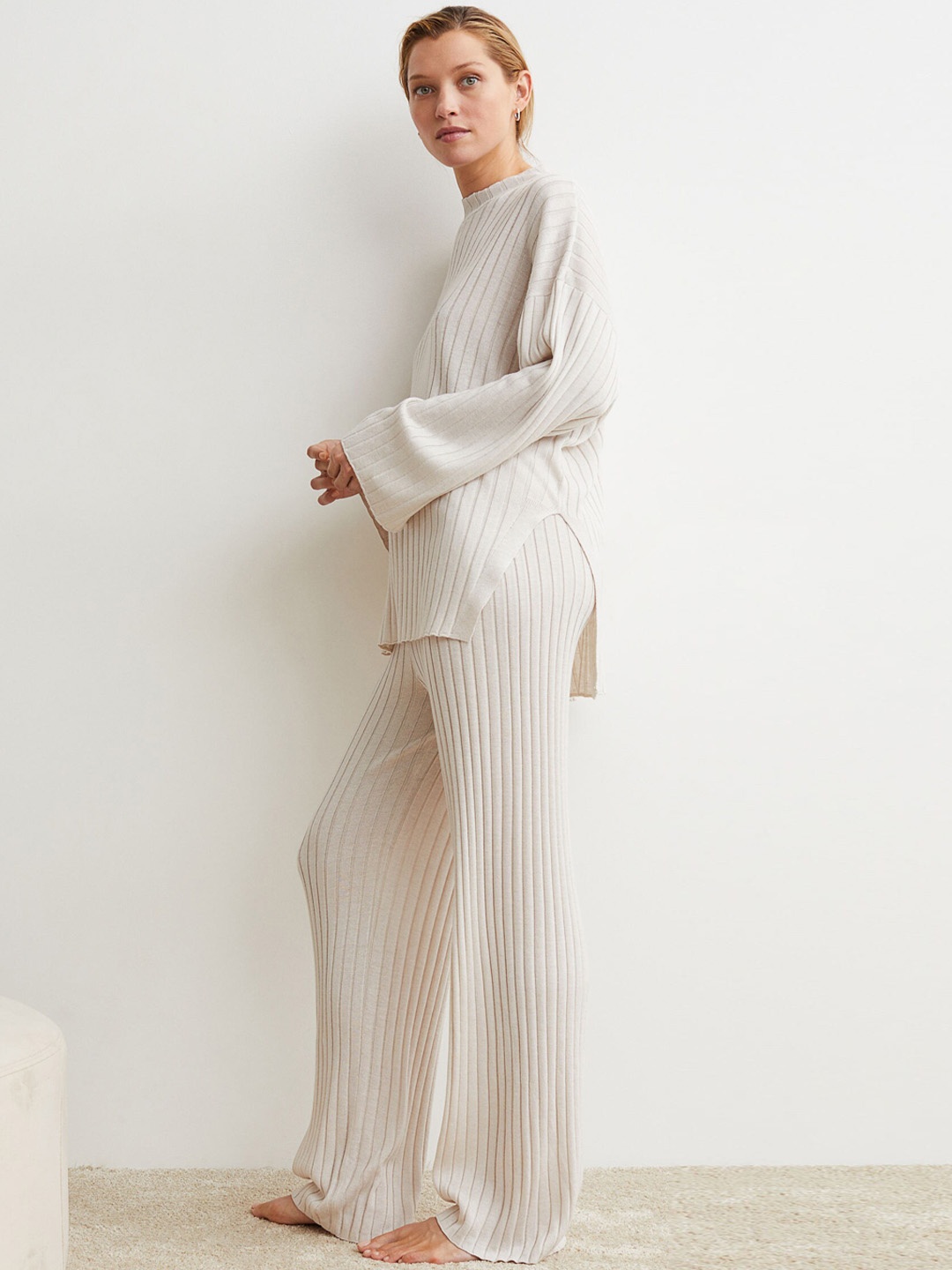 

H&M Women Cream Coloured Rib-Knit Trousers