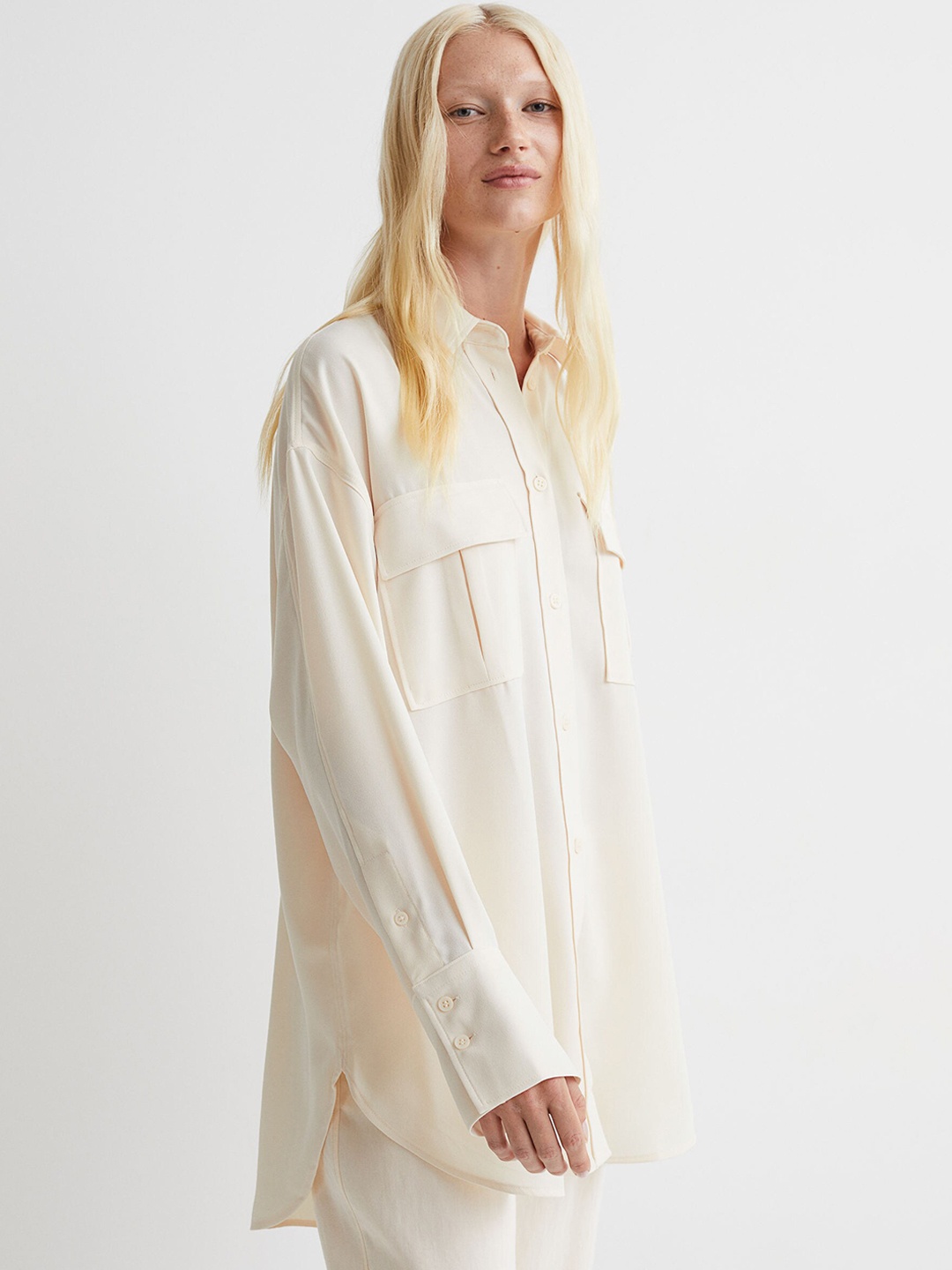 

H&M Women Beige Solid Oversized Shirt Jacket