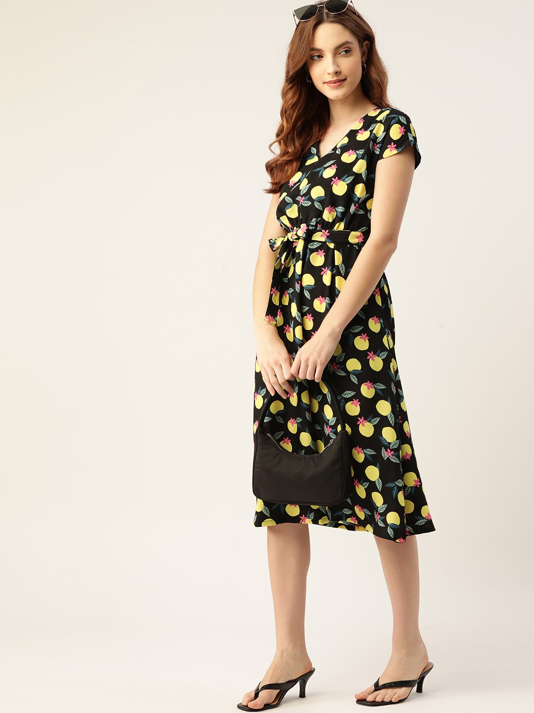 

DressBerry Black & Yellow A-Line Conversational Print Dress