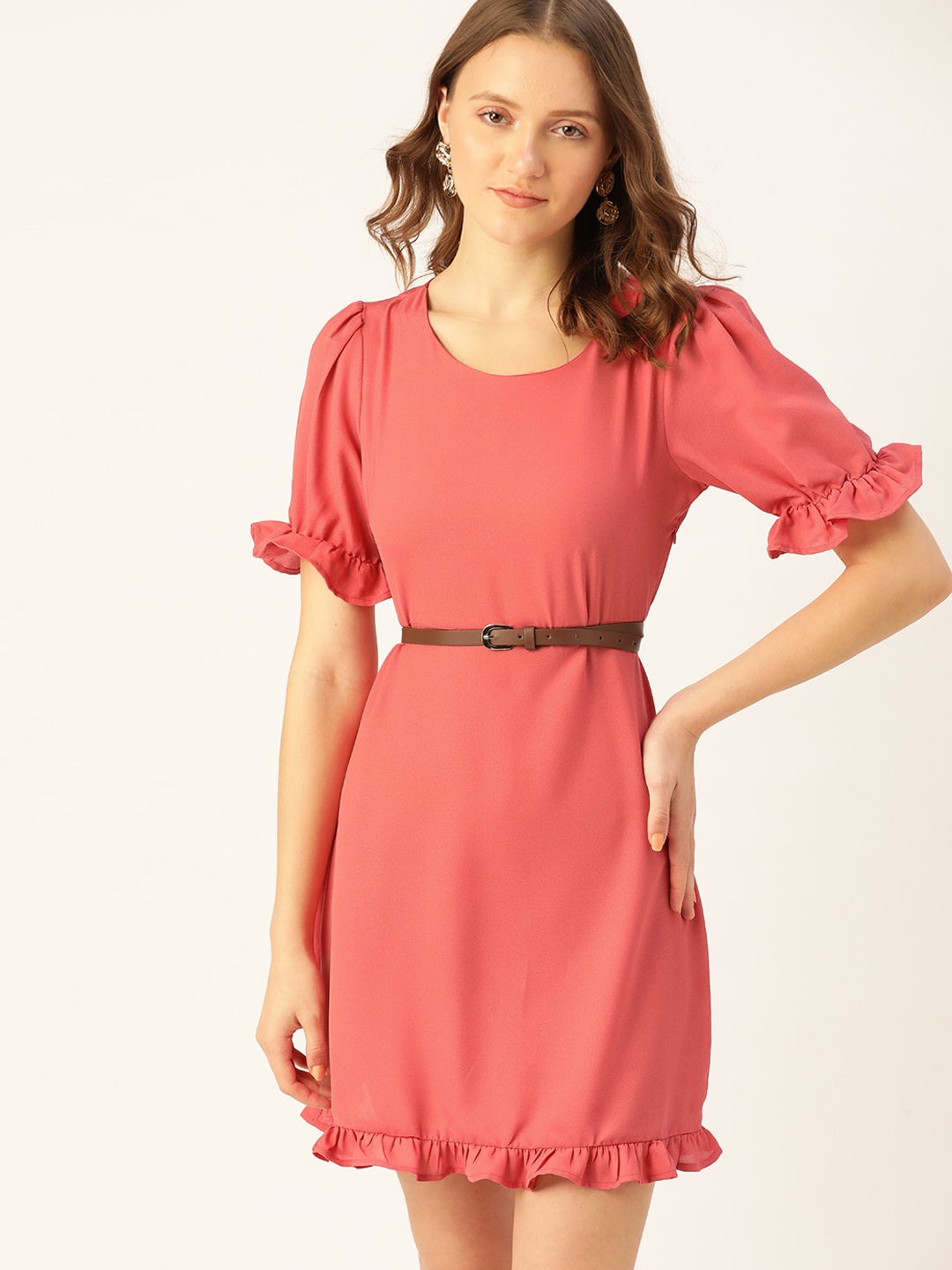 

DressBerry Coral Pink Solid Shift Dress with Belt