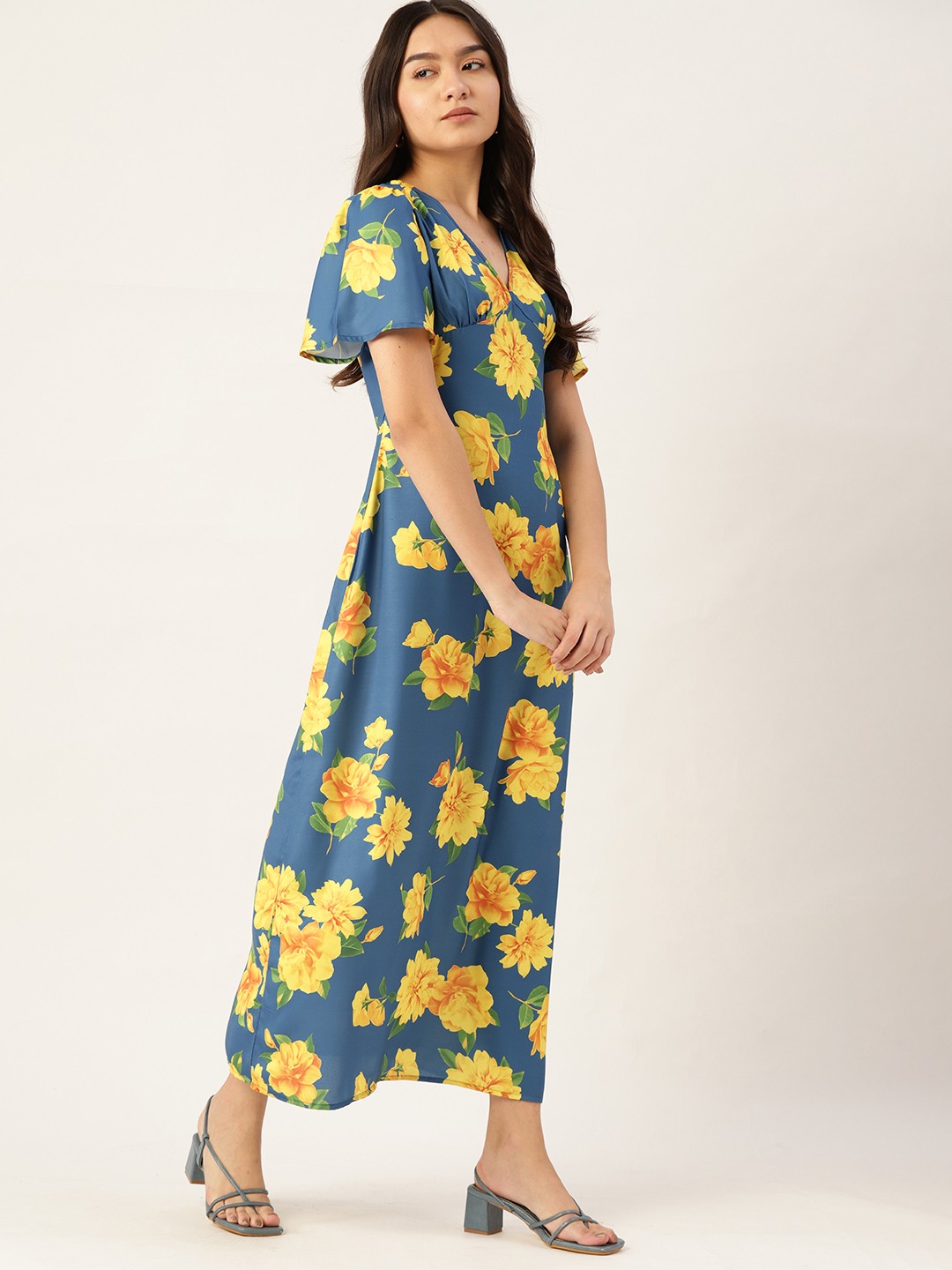 

DressBerry Blue & Yellow Floral Print A-Line Midi Dress