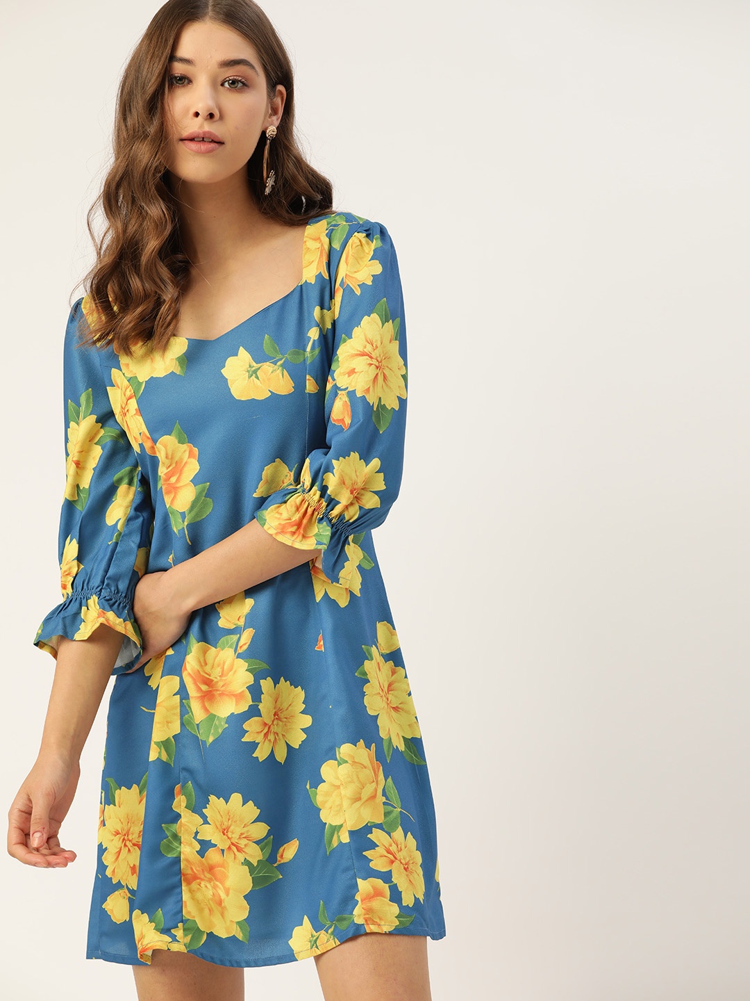 

DressBerry Blue & Yellow Floral A-Line Dress