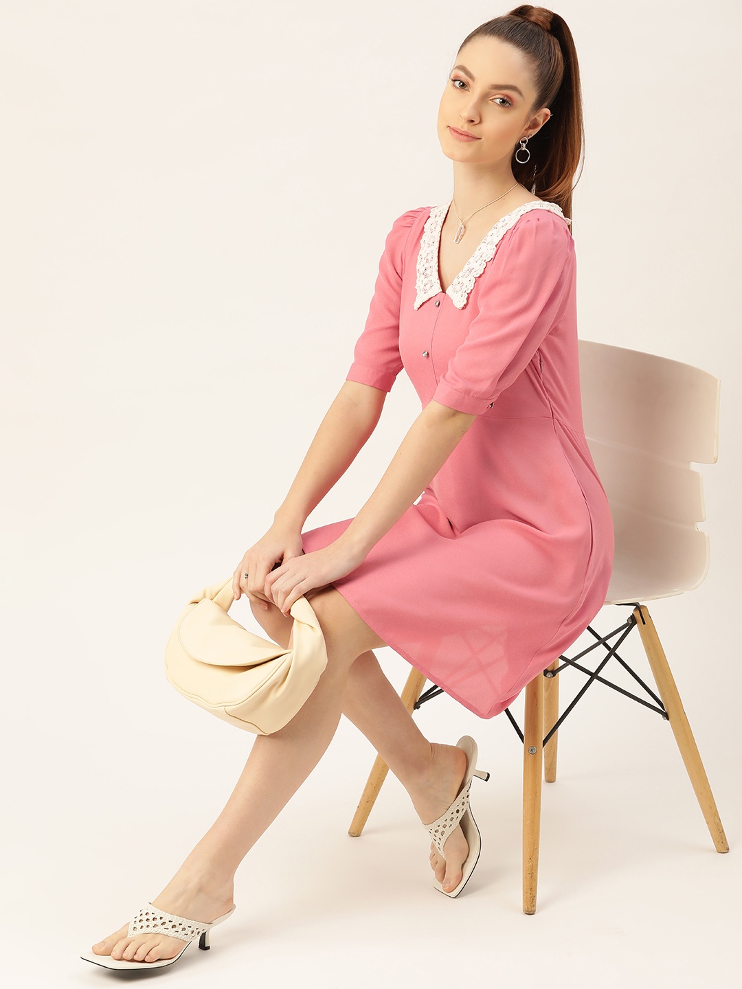

DressBerry Pink Solid A-Line Dress With Lace Insert Detail