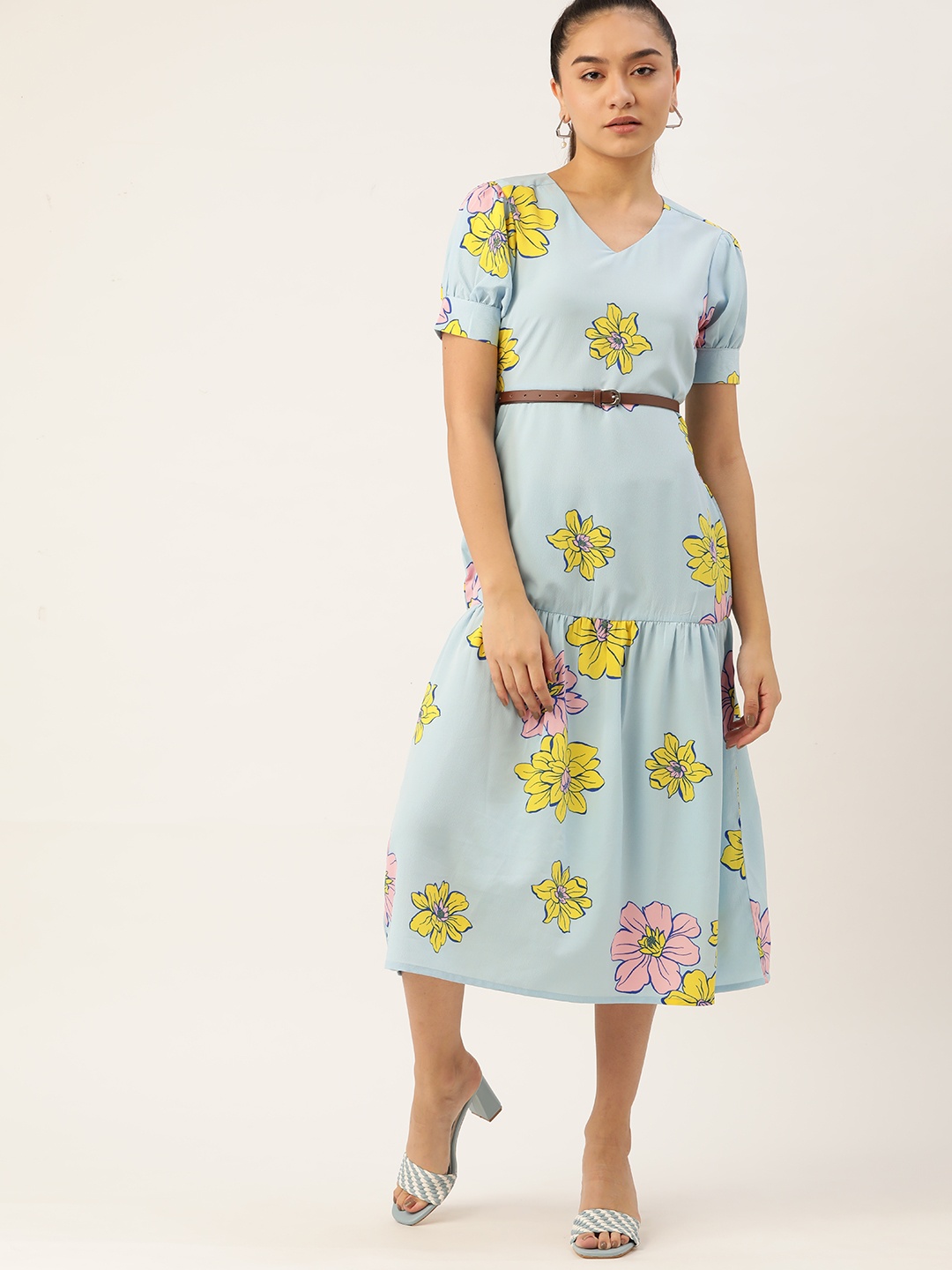 

DressBerry Blue & Yellow Floral Printed A-Line Midi Dress Comes With A Belt