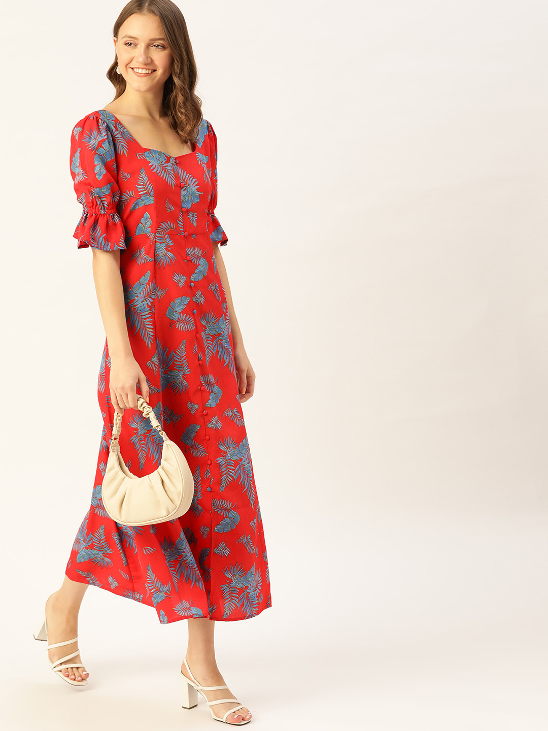 

DressBerry Red & Blue Floral Printed A-Line Midi Dress