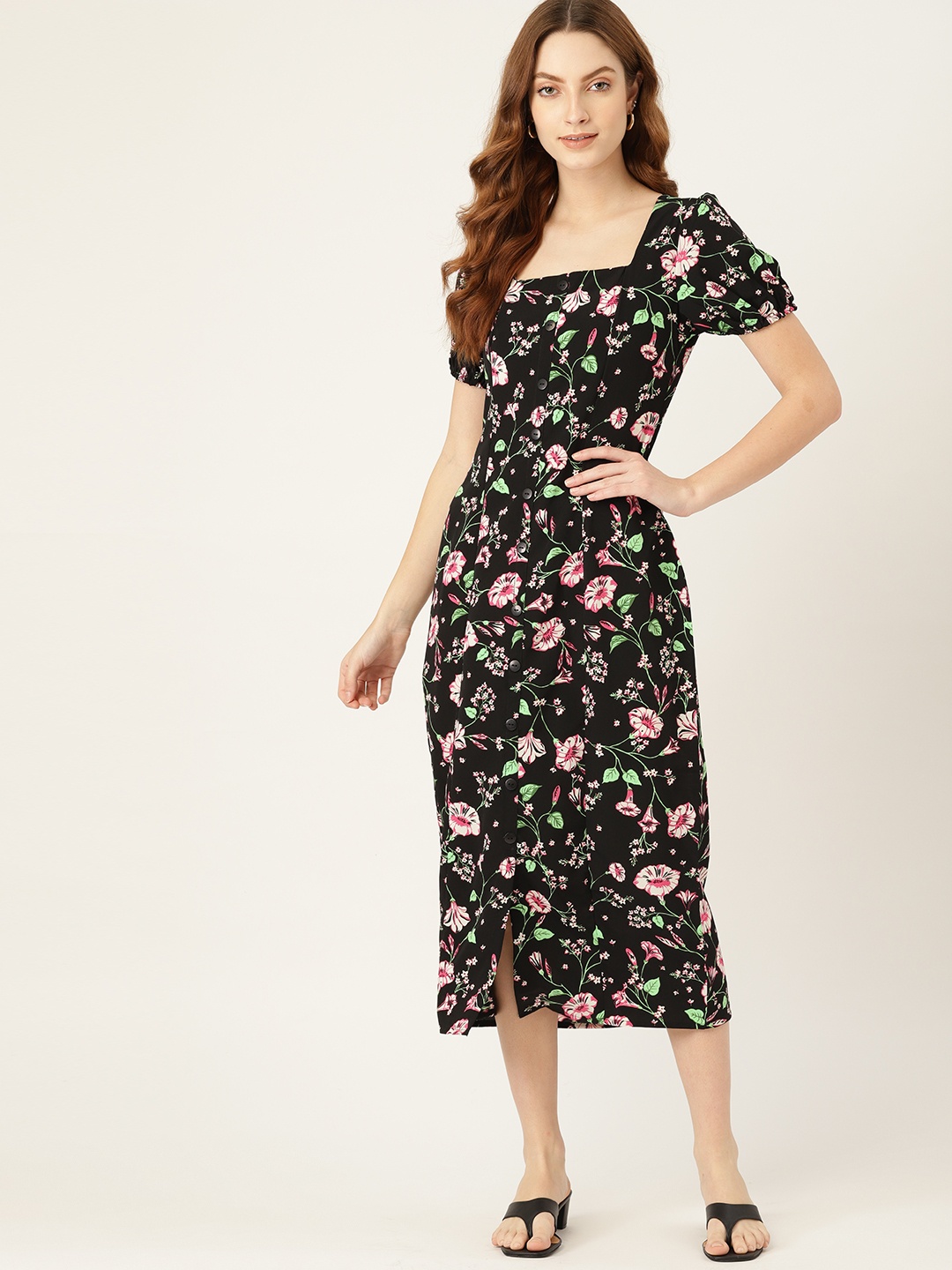 

DressBerry Black & Pink Floral A-Line Midi Dress