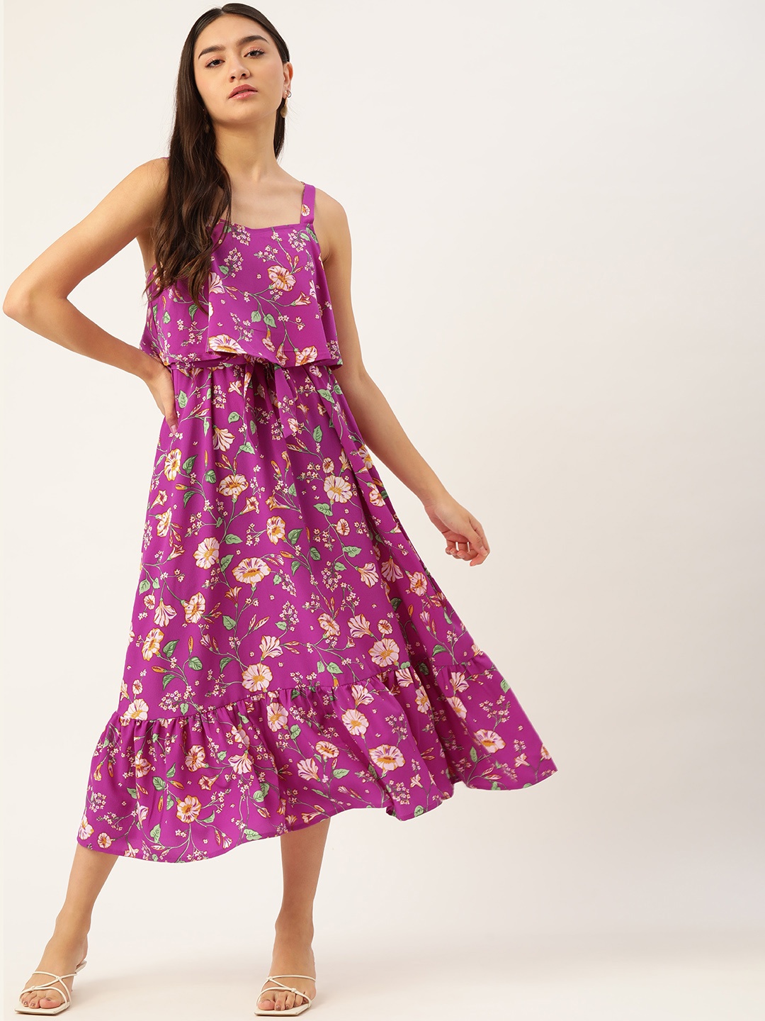 

DressBerry Purple & Yellow Ethnic Motifs Layered A-Line Midi Dress
