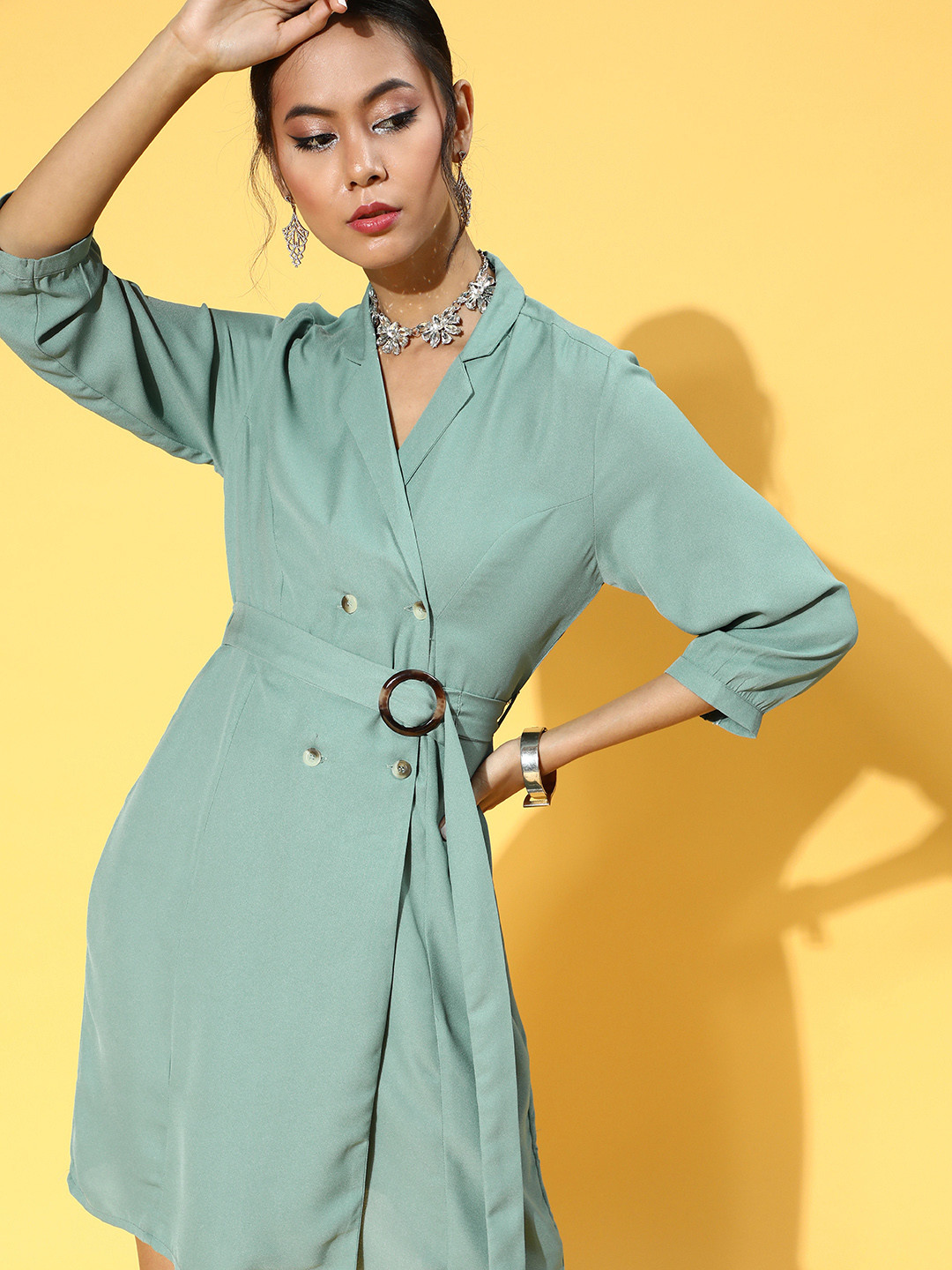 

DressBerry Women Stunning Blue Solid Belted Dress