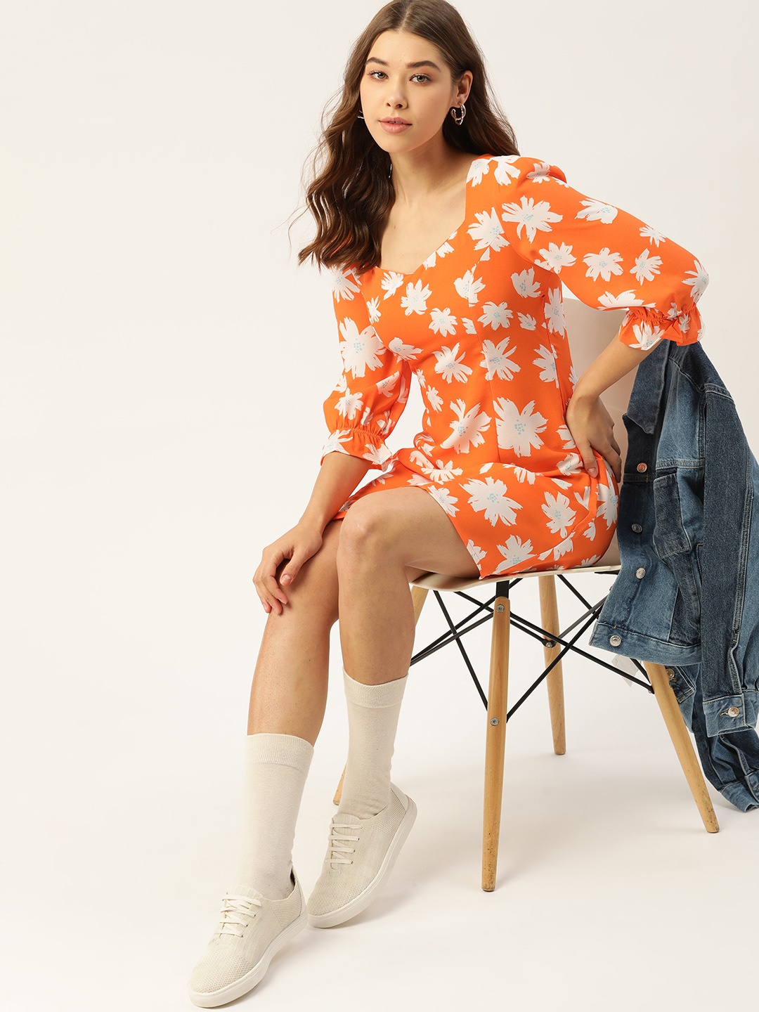 

DressBerry Orange & White Floral A-Line Dress