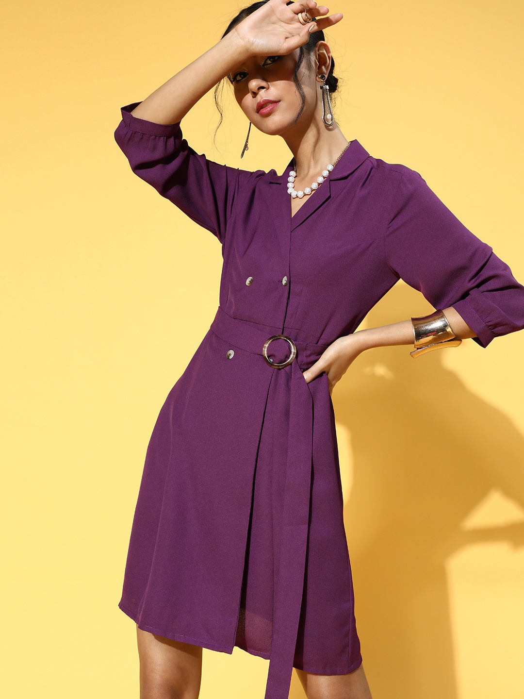 

DressBerry Women Charming Purple Solid Belted Dress