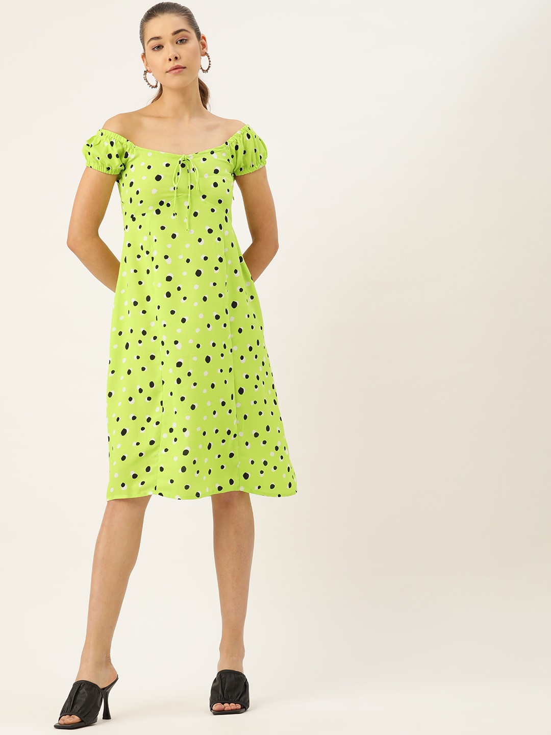 

DressBerry Fluorescent Green & Black Geometric Printed Off-Shoulder A-Line Dress