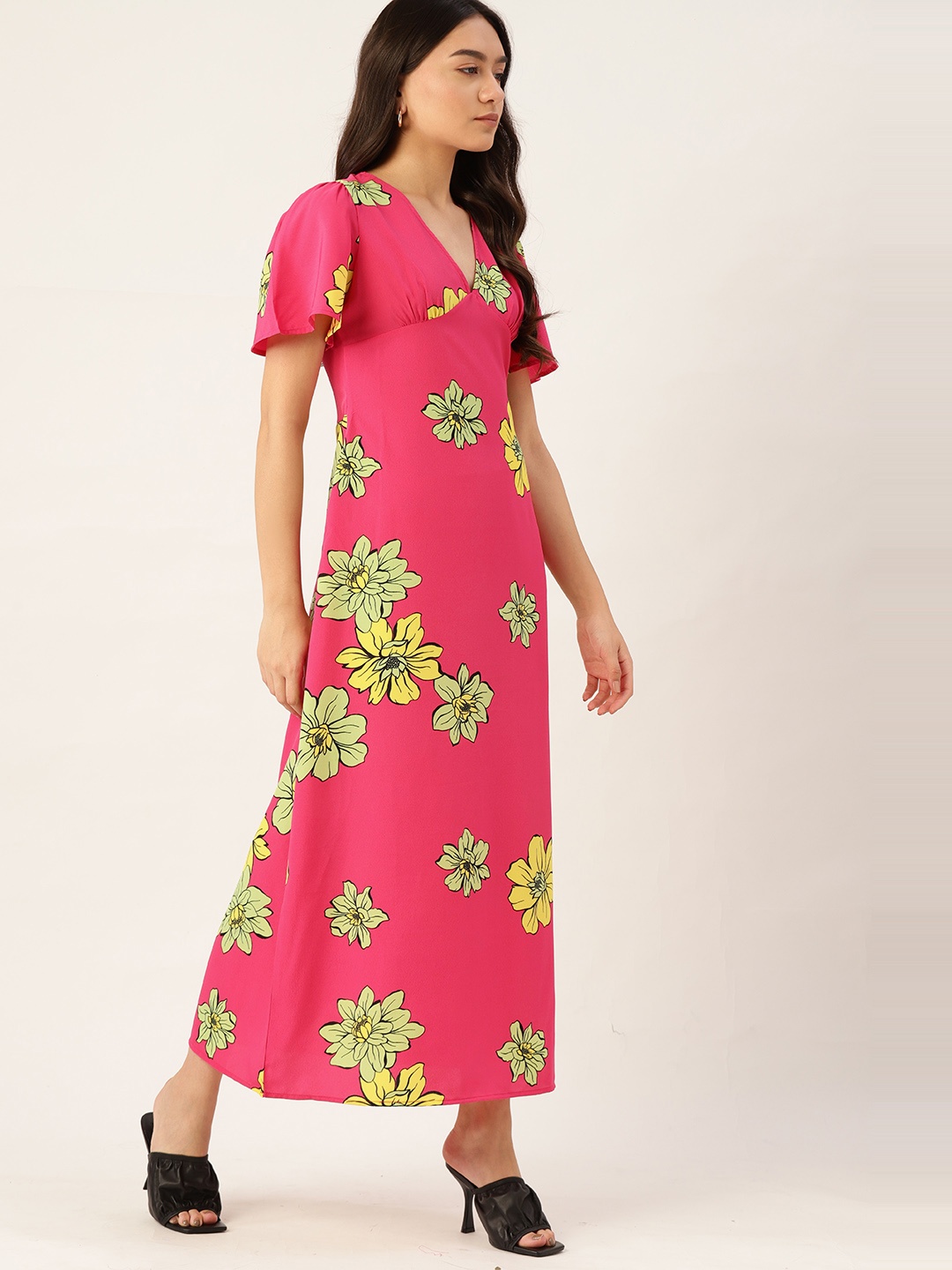 

DressBerry Pink & Green Floral Print A-Line Midi Dress