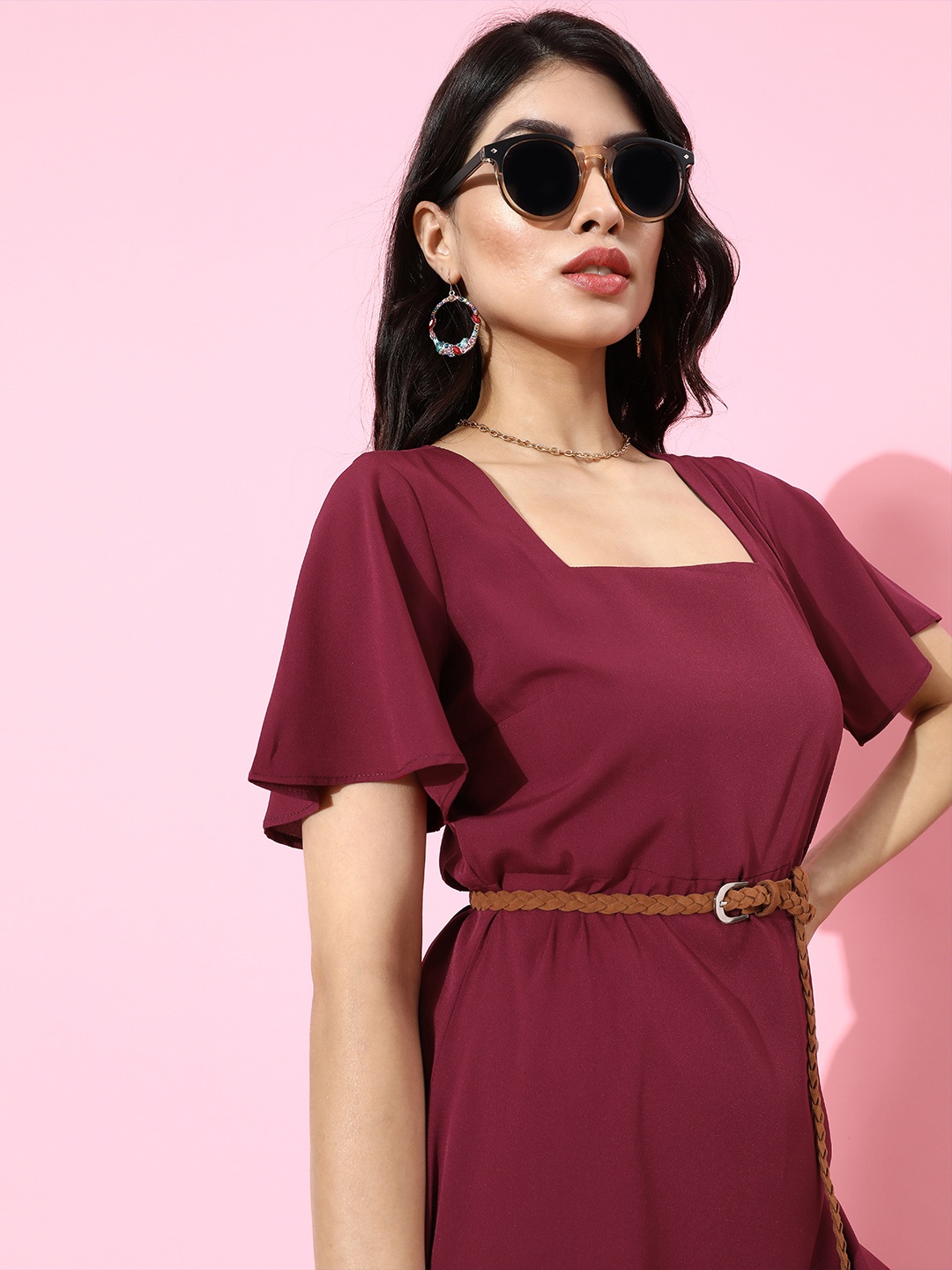 

DressBerry Women Deep Burgundy Solid Belted Dress
