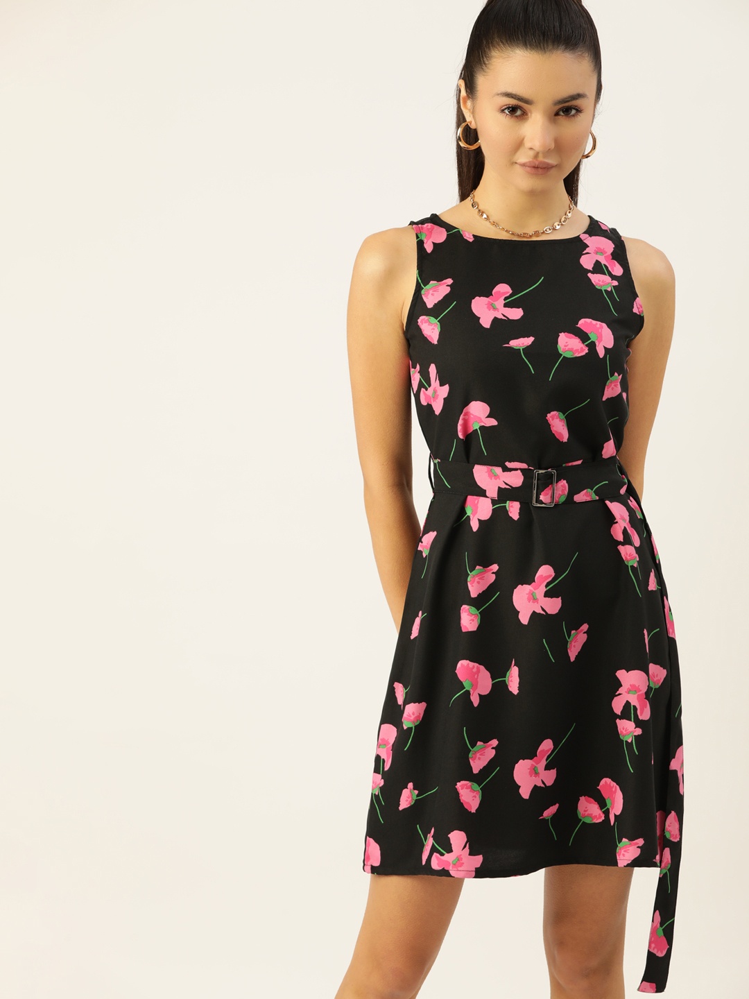 

DressBerry Women Black & Pink Floral A-Line Dress with Belt