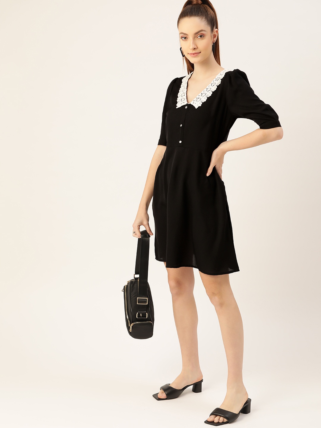 

DressBerry Black Solid A-Line Dress With Lace Insert Detail