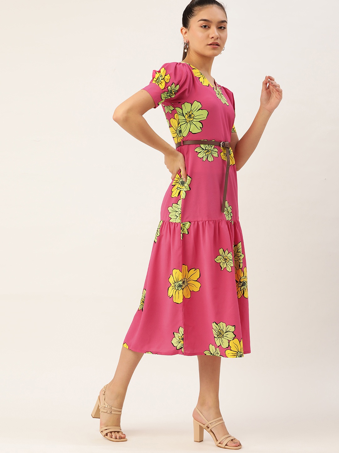 

DressBerry Pink & Yellow Floral Printed A-Line Midi Dress With A Belt