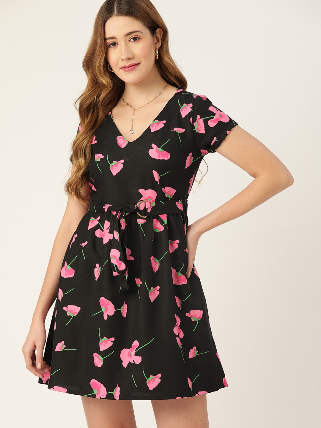 

DressBerry Women Black & Pink Floral Printed A-Line Dress