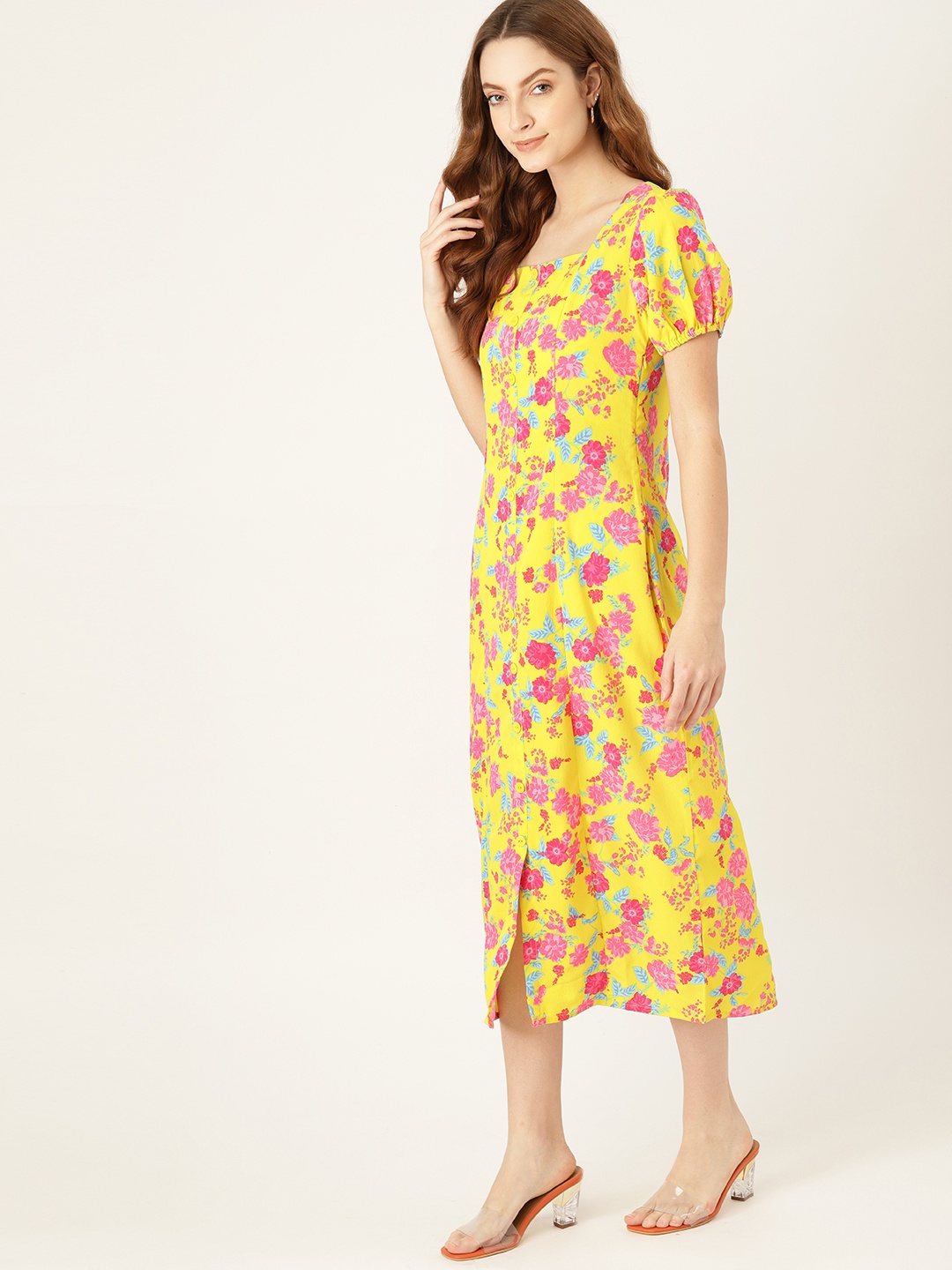 

DressBerry Yellow & Pink Floral A-Line Midi Dress