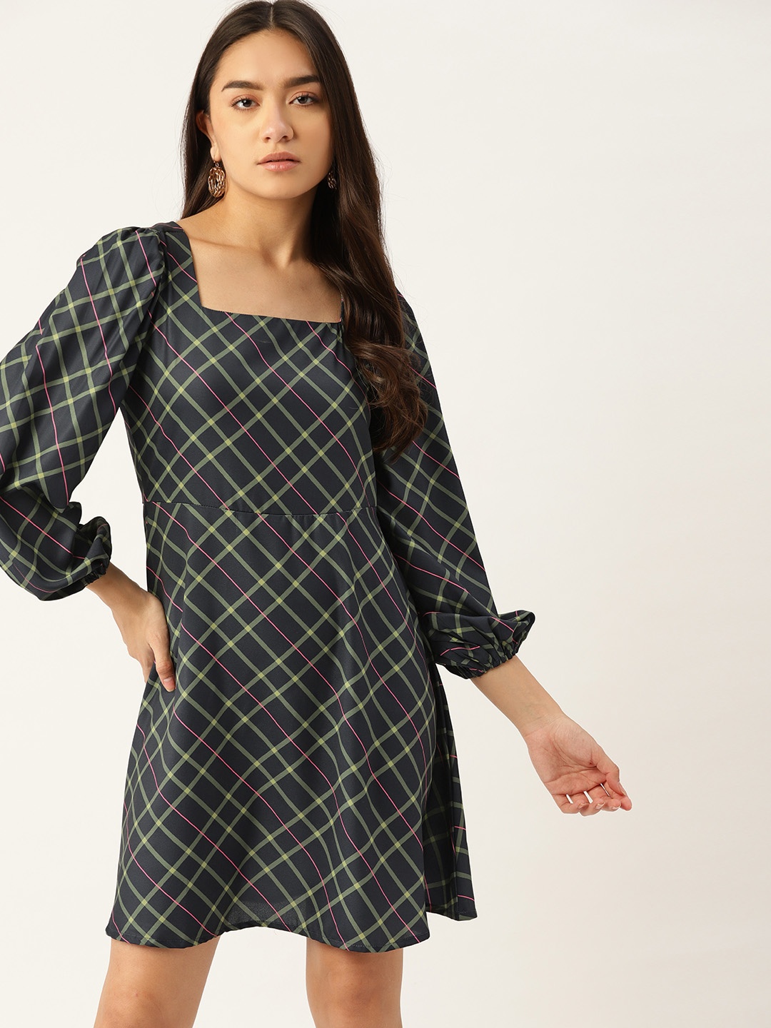 

DressBerry Women Navy Blue & Yellow Checked Fit & Flare Dress