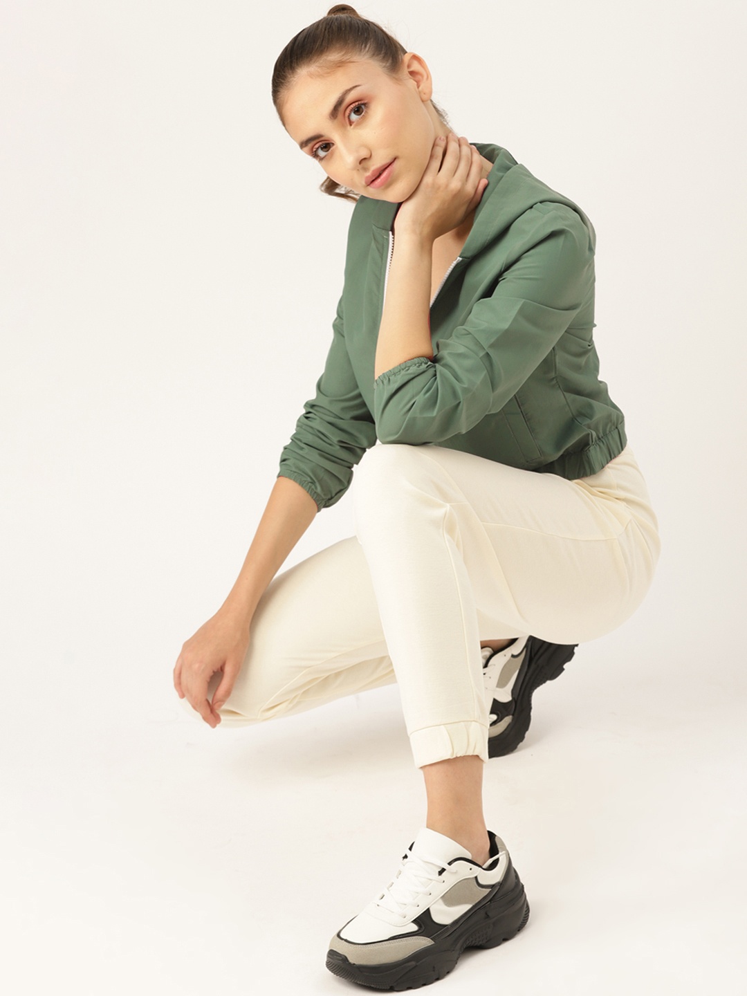 DressBerry Women Sage Green Hooded Bomber Jacket