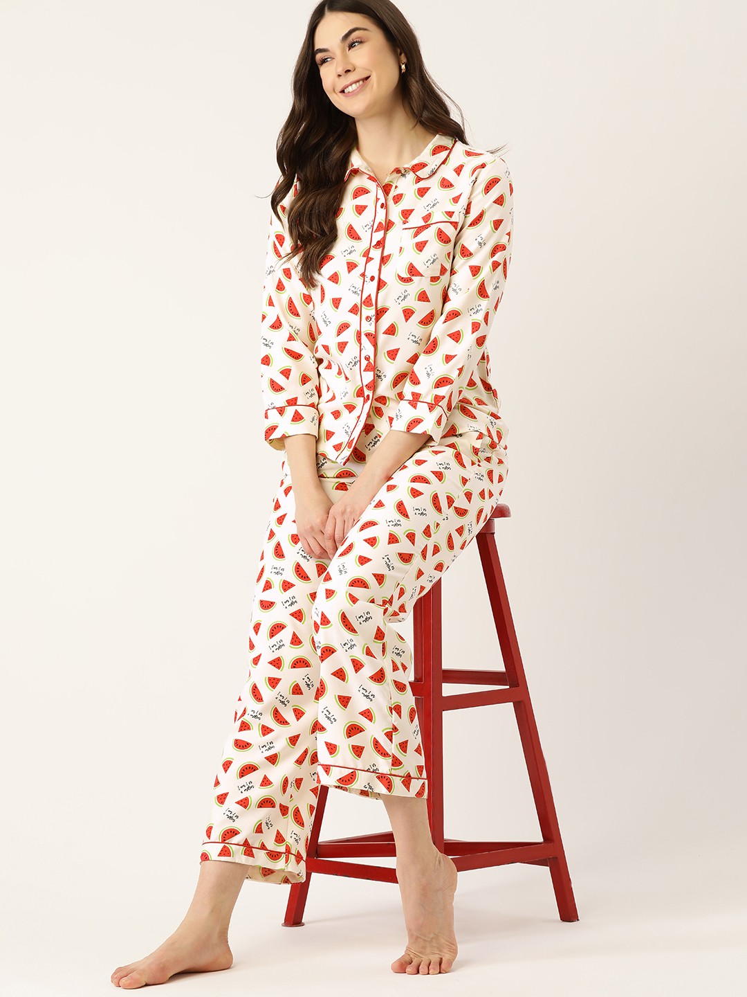 

DressBerry Women Off White & Red Printed Pajama Set