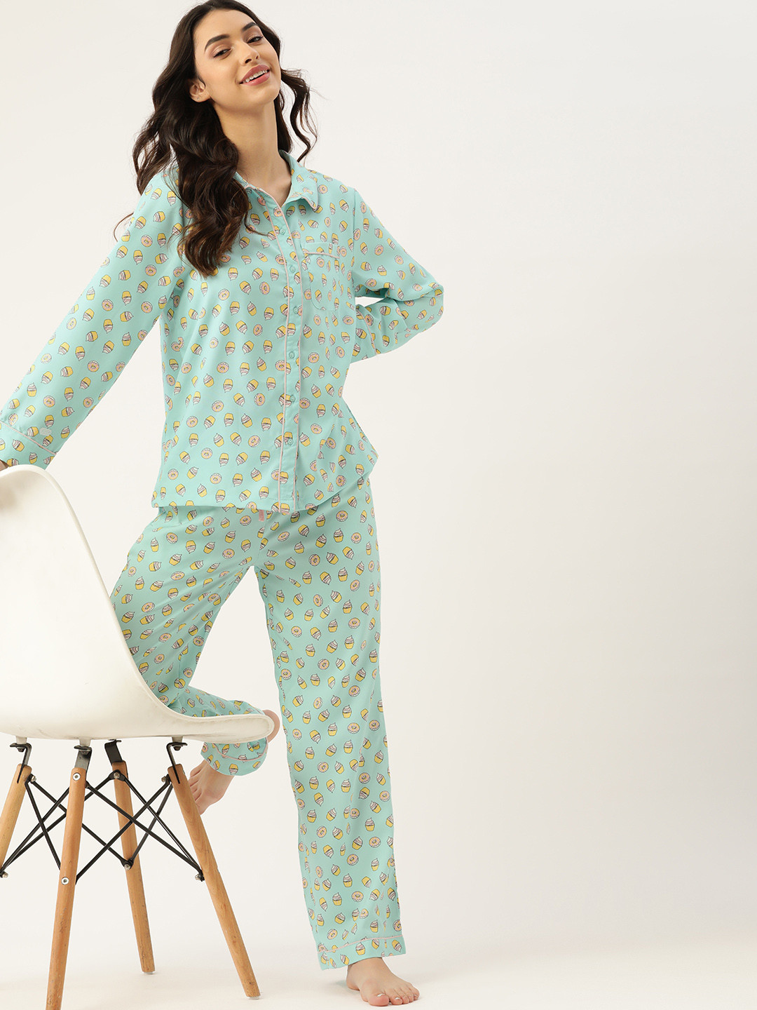 

DressBerry Women Green & Yellow Printed Night suit