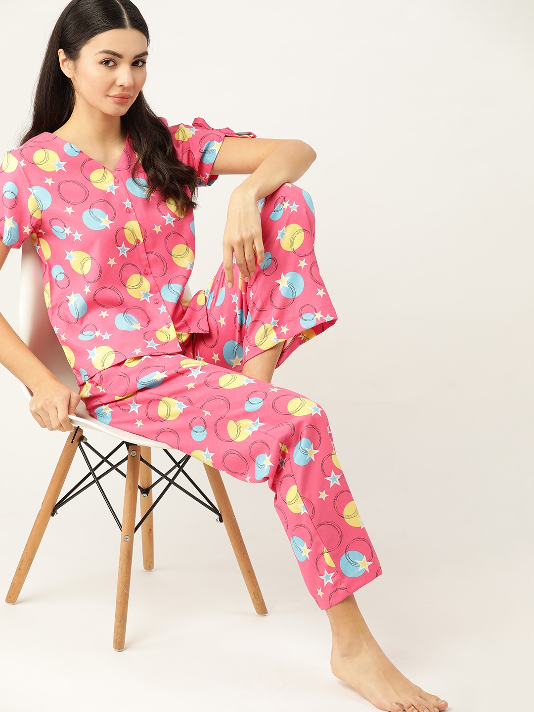 

DressBerry Women Pink & Yellow Printed Night suit