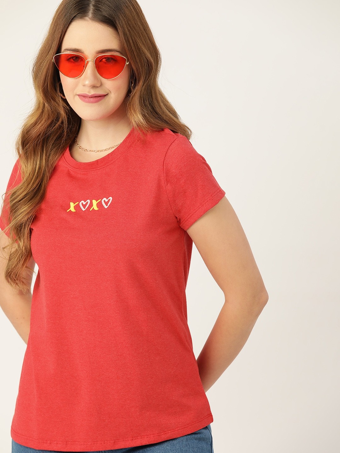 

DressBerry Women Red Melange Effect Embroidered Detail T-shirt