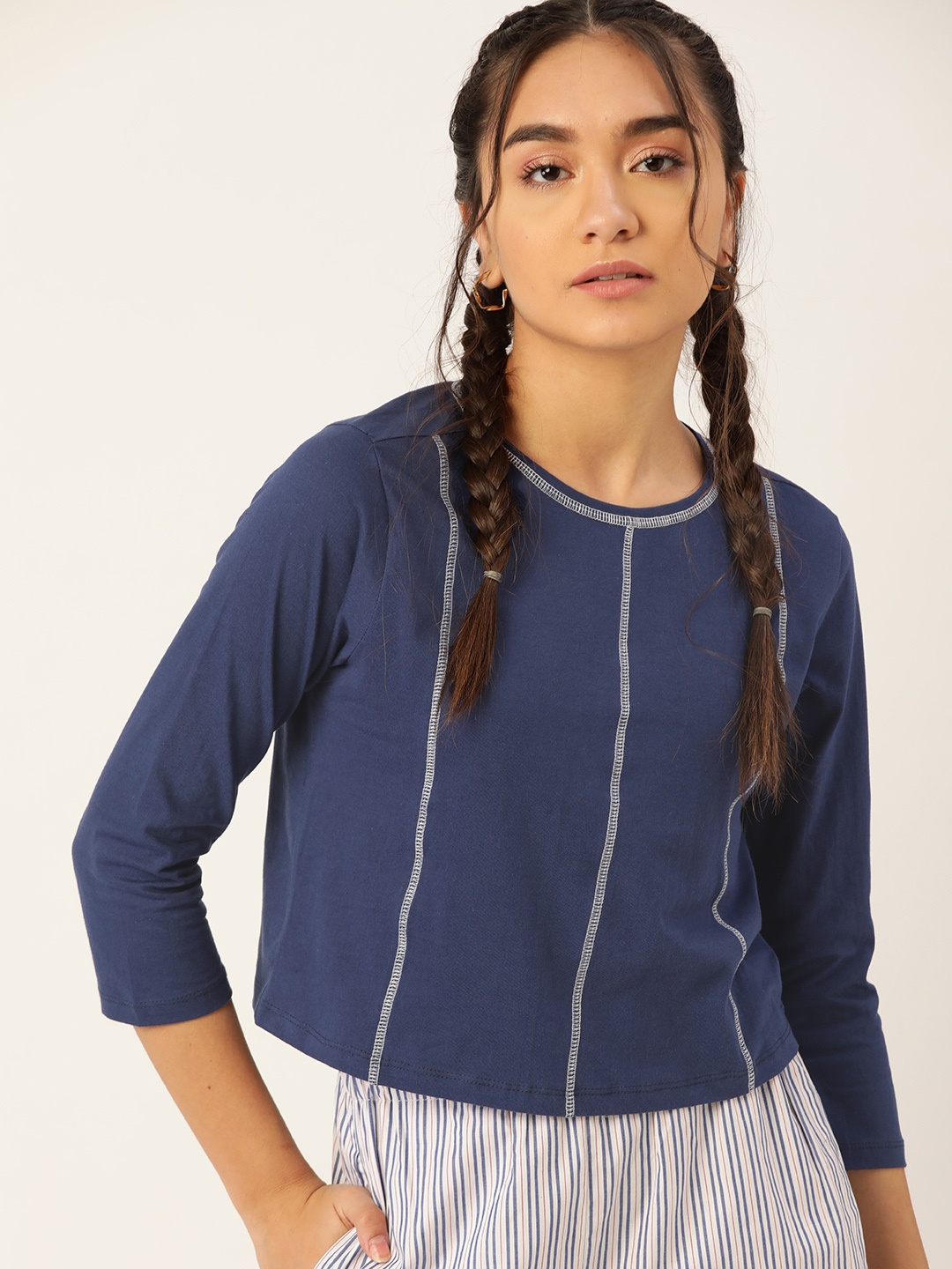 

DressBerry Women Navy Blue Pure Cotton Solid T-shirt