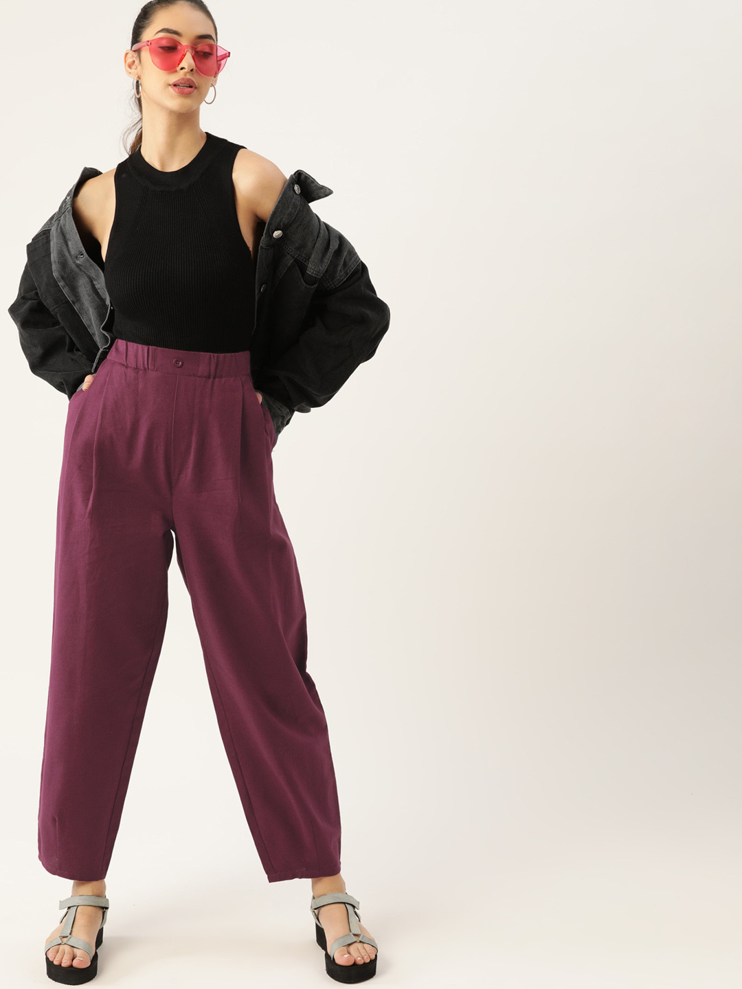 

DressBerry Women Burgundy Pure Cotton Pleated Trousers
