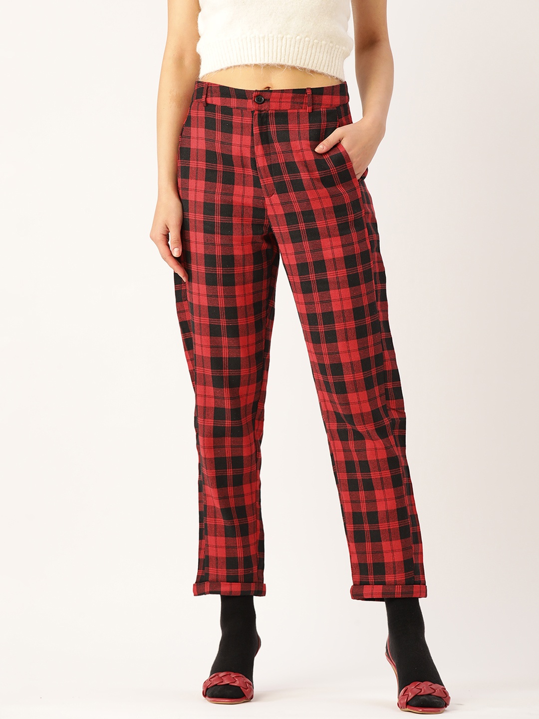 

DressBerry Women Red & Black Checked Trousers