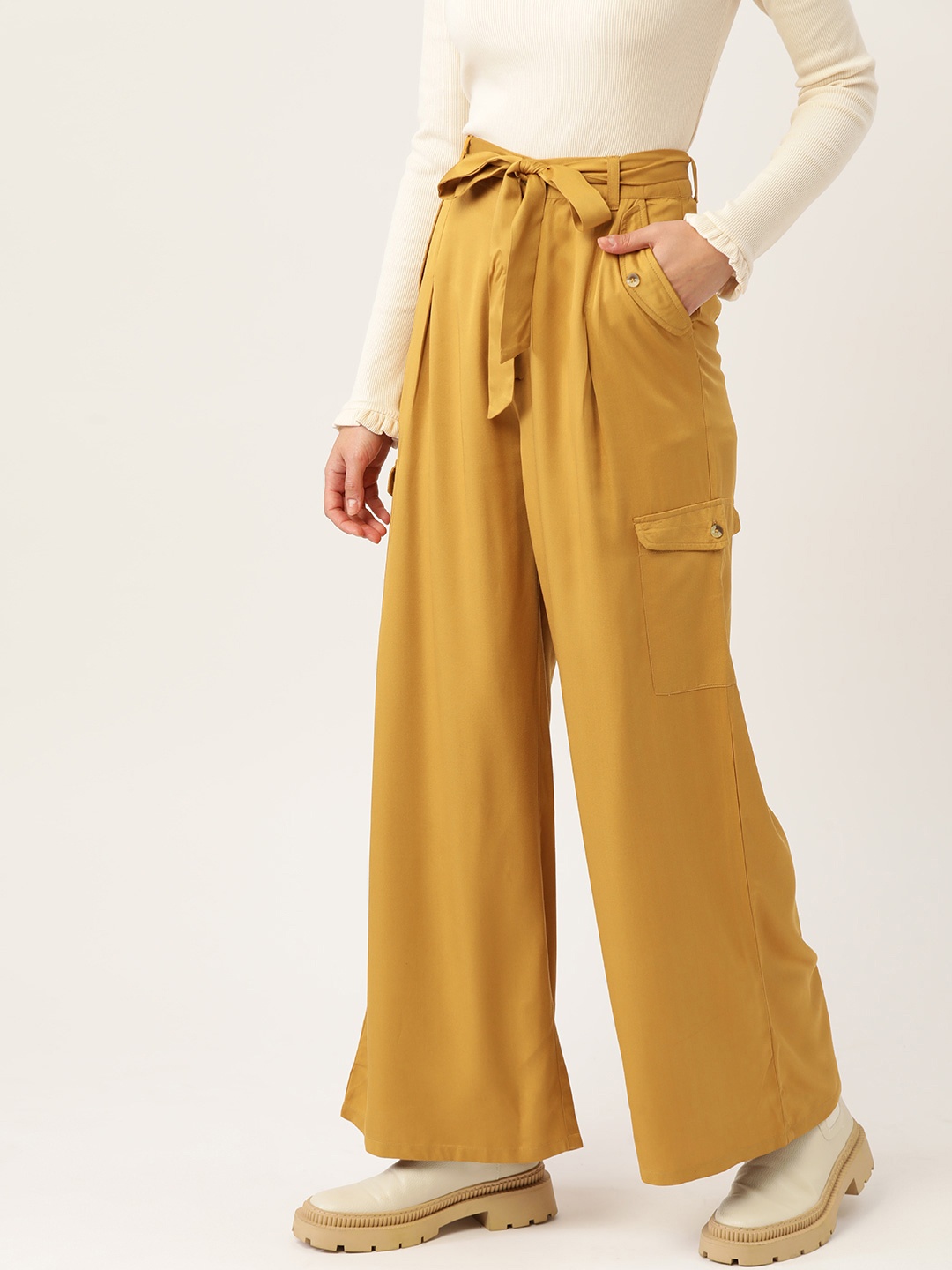 

DressBerry Women Mustard Yellow Flared Pleated Trousers with Belt