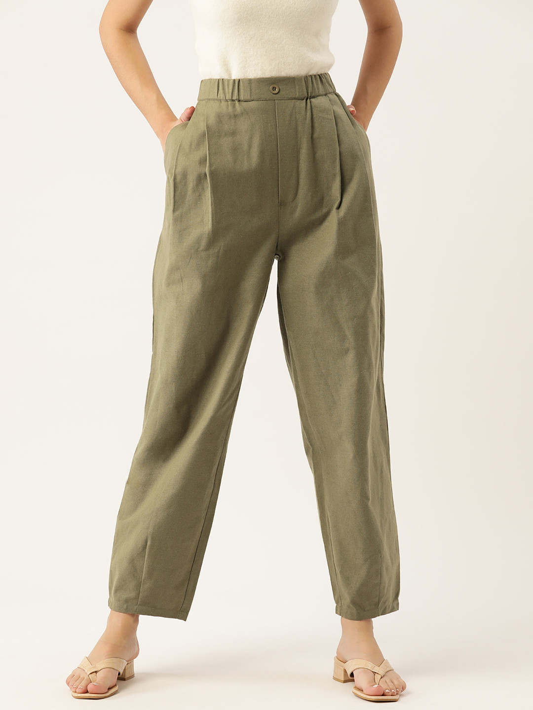 

DressBerry Women olive Green Pure Cotton Pleated Trousers